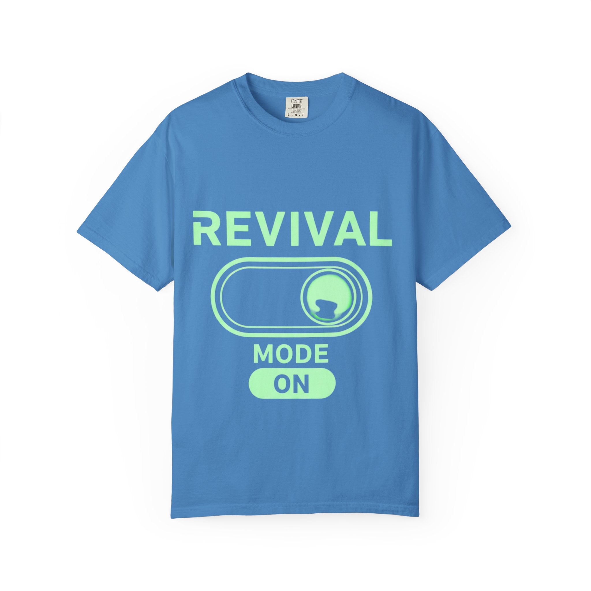 🔥 Revival Mode: ON – Christian Techwear T-Shirt | Glowing Green Faith Switch | Futuristic Jesus Shirt | Activate Your Spiritual Awakening | Uplifted Gear Printify