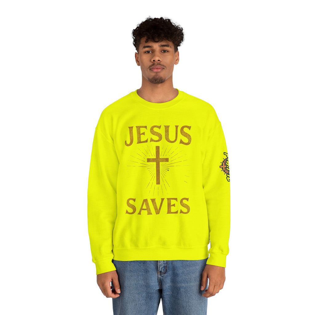 Jesus Saves Sweatshirt – Radiant Cross & Rays of Light Christian Sweatshirt for Eternal Hope & Faith Printify
