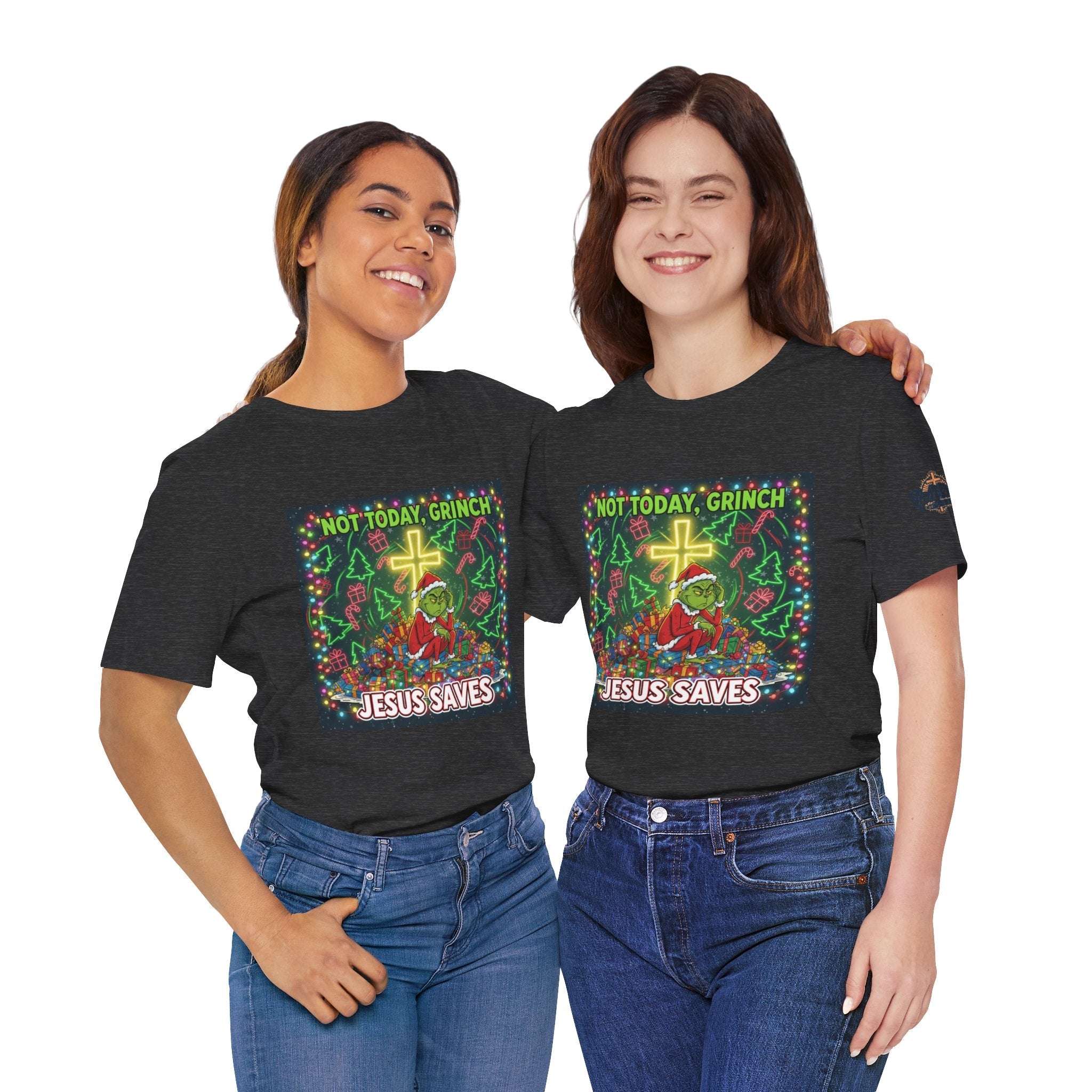 🎄 Not Today, Grinch – Jesus Saves | Funny Christian Christmas T-Shirt | Festive Green & Red Cartoon Style | Bold Faith Holiday Tee by Uplifted Gear Printify