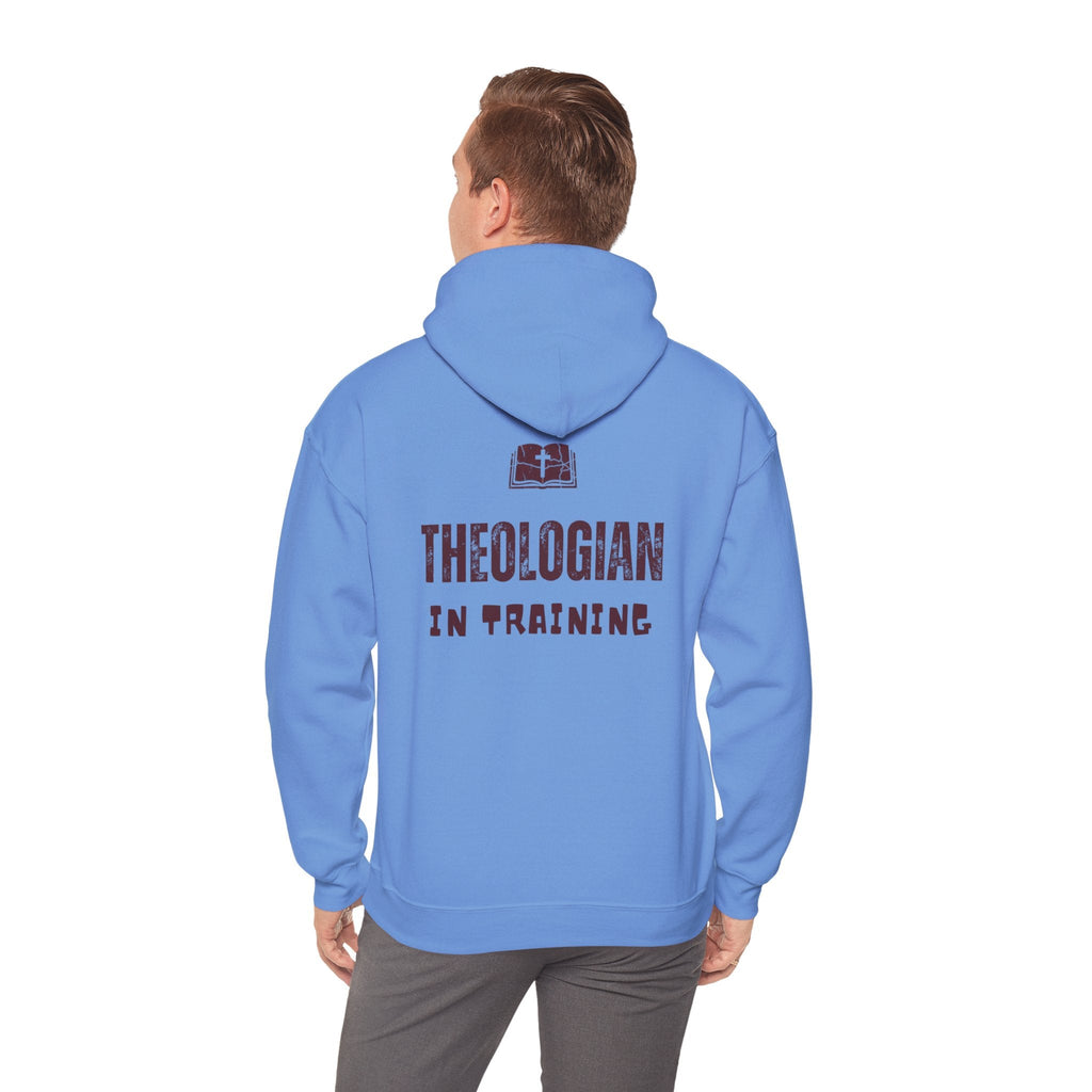 Theologian in Training Hoodie – Open Bible & Cross Christian Hoodie for Faithful Growth Printify