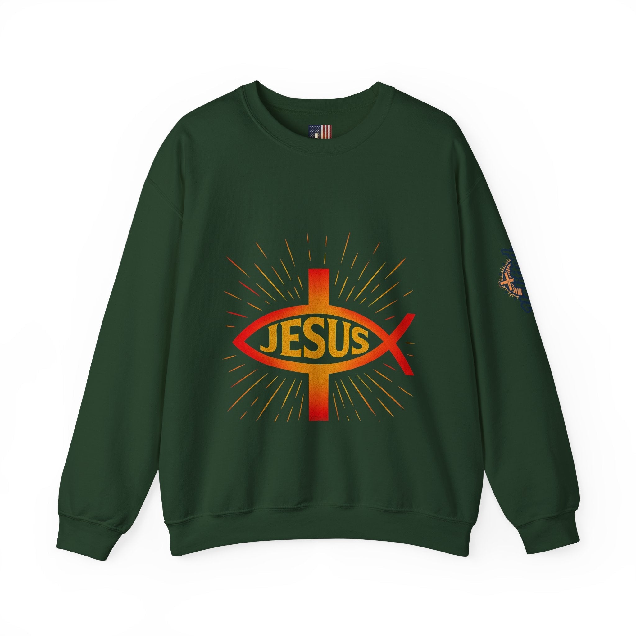 Jesus Ichthys Sweatshirt – Christian Fish Symbol with Cross & Jesus Inscription Sweatshirt for Eternal Faith & Streetwear Printify
