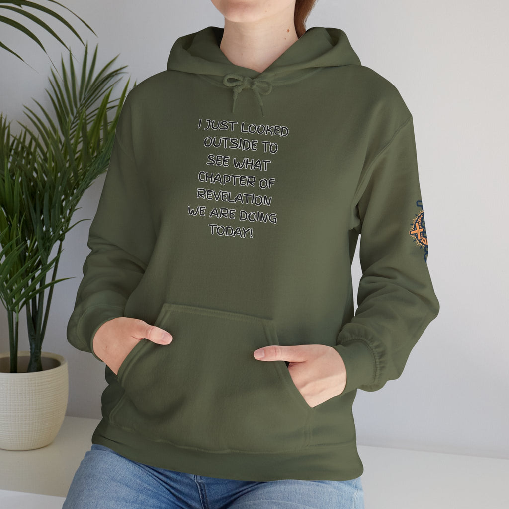 What Chapter of Revelation Hoodie – I Looked Outside My Window Christian Sweatshirt for End Times Humor & Faith Printify