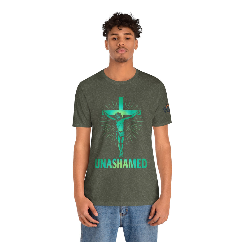 Unashamed T-shirt – Romans 1:16 Crucifixion Christian t-shirt for Bold Unwavering Faith Printify
