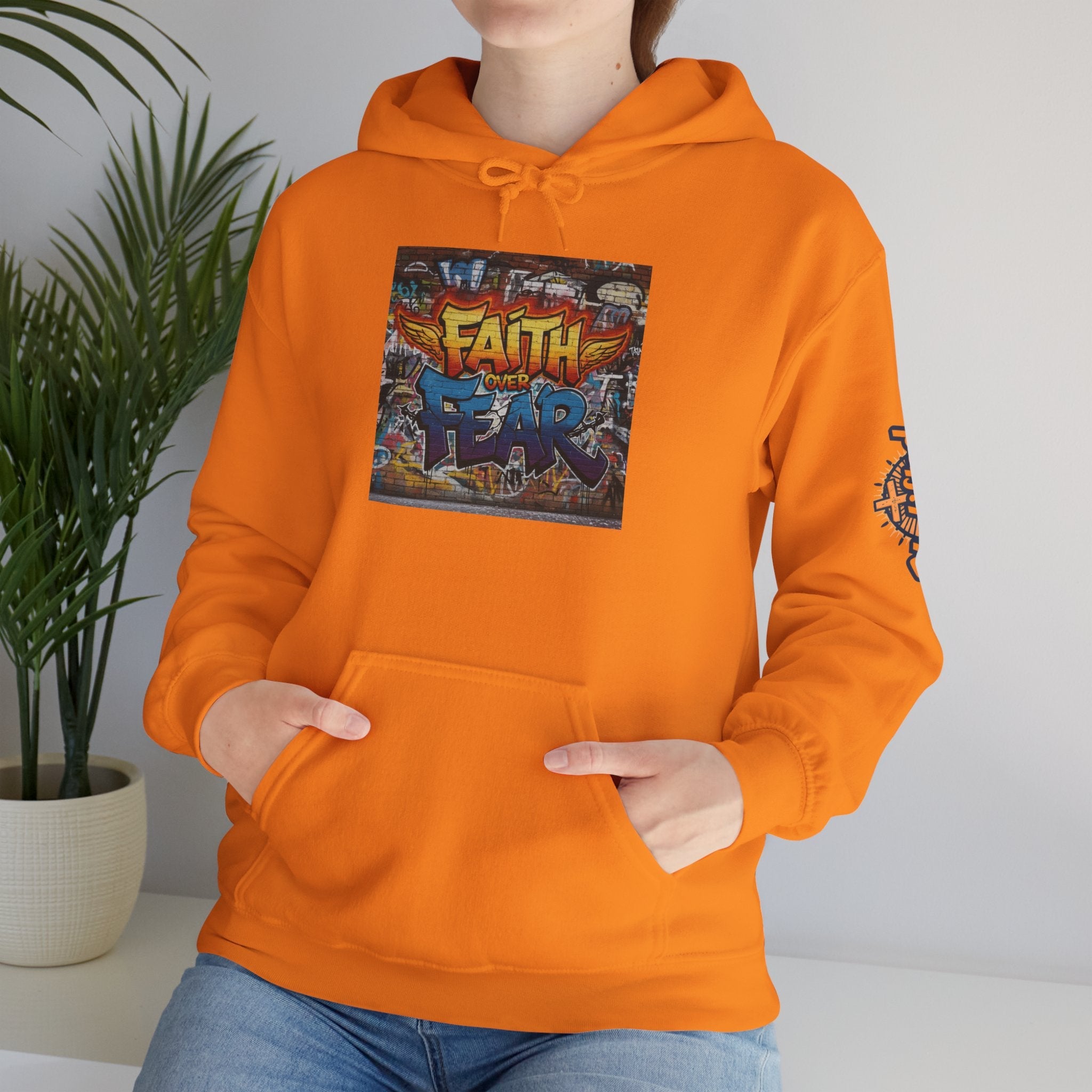 Faith Over Fear Hoodie – Graffiti Wall Christian Sweatshirt for Bold 2 Corinthians 5:7 Streetwear & Unshakable Faith Printify