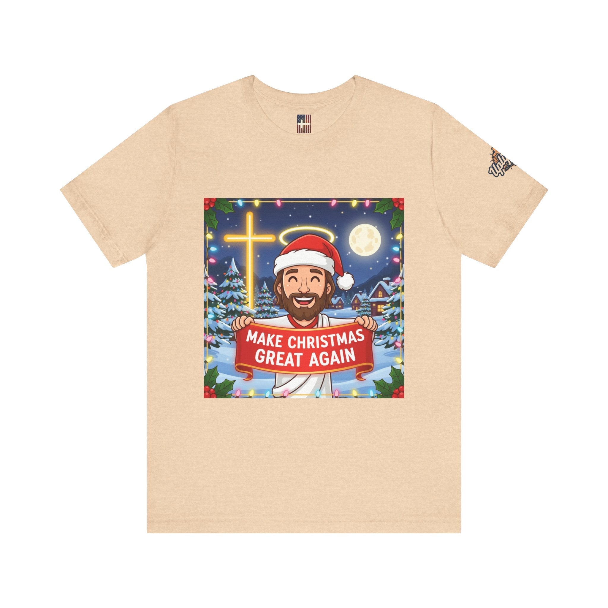 🎄 Make Christmas Great Again – Funny Christian T-Shirt | Jesus Holding Banner | Faith-Based Holiday Parody Tee | Uplifted Gear Printify