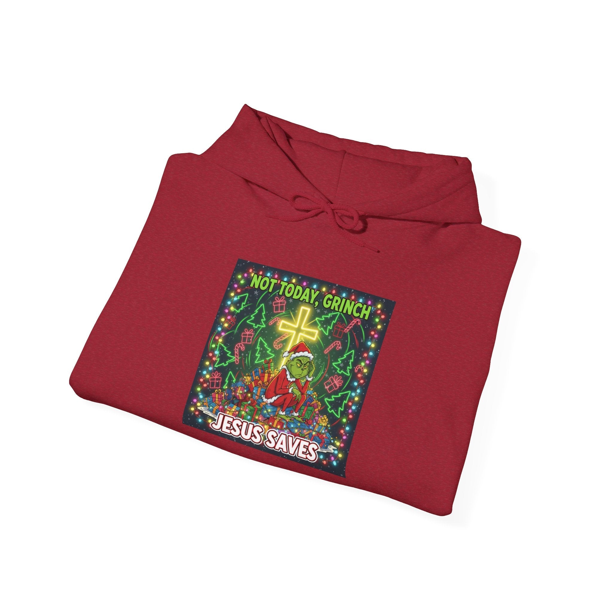 🎄 Not Today, Grinch – Jesus Saves | Funny Christian Christmas Hoodie | Festive Green & Red Cartoon Style | Bold Faith Holiday Tee by Uplifted Gear Printify