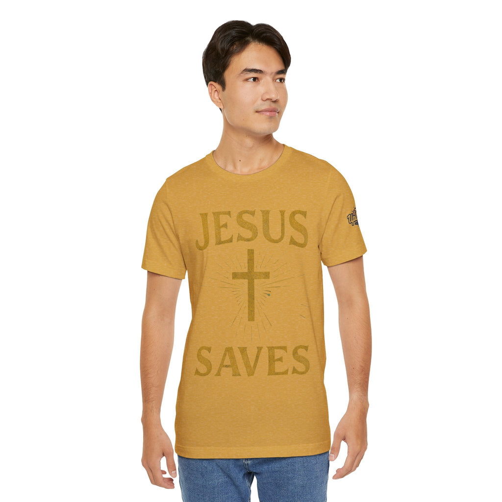 Jesus Saves T-shirt – Radiant Cross & Rays of Light Christian T-shirt for Eternal Hope & Faith Printify