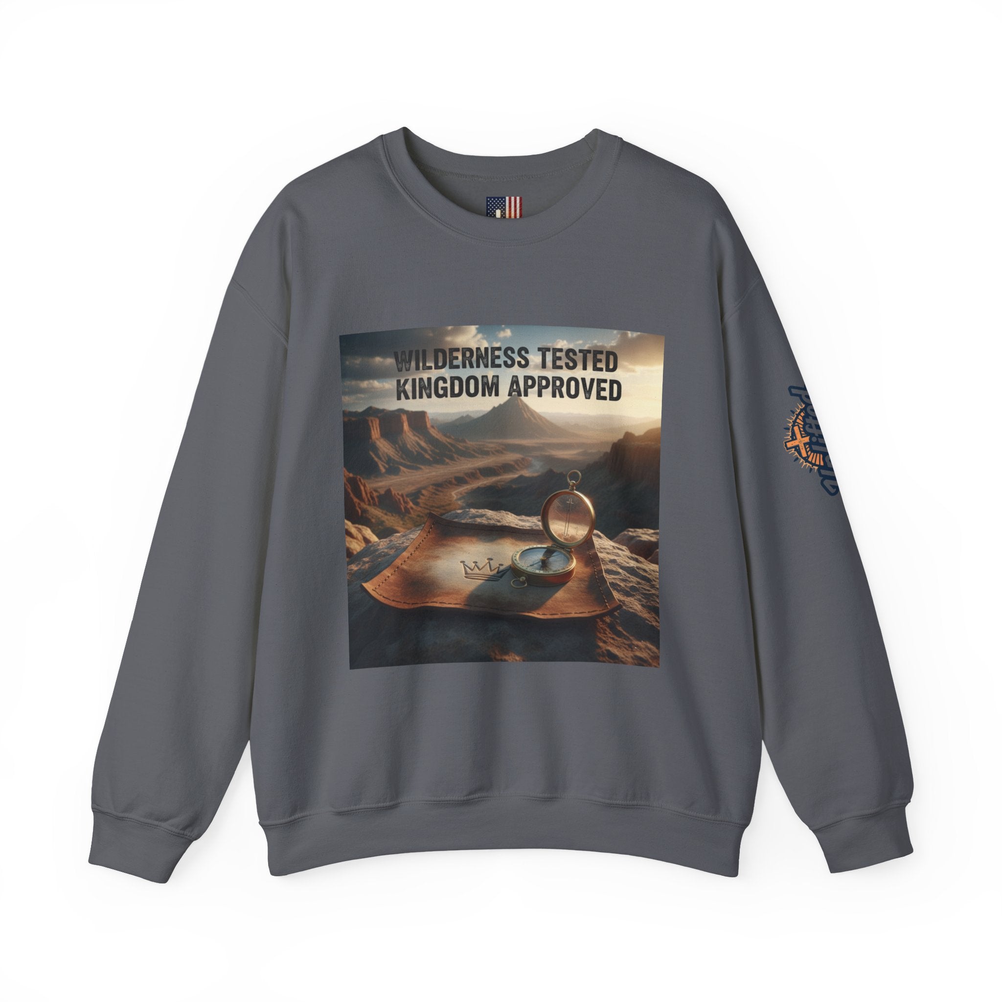 Wilderness Tested Kingdom Approved Sweatshirt – Mountain Desert Compass Crown Christian Sweatshirt for Biblical Adventure Faith Printify