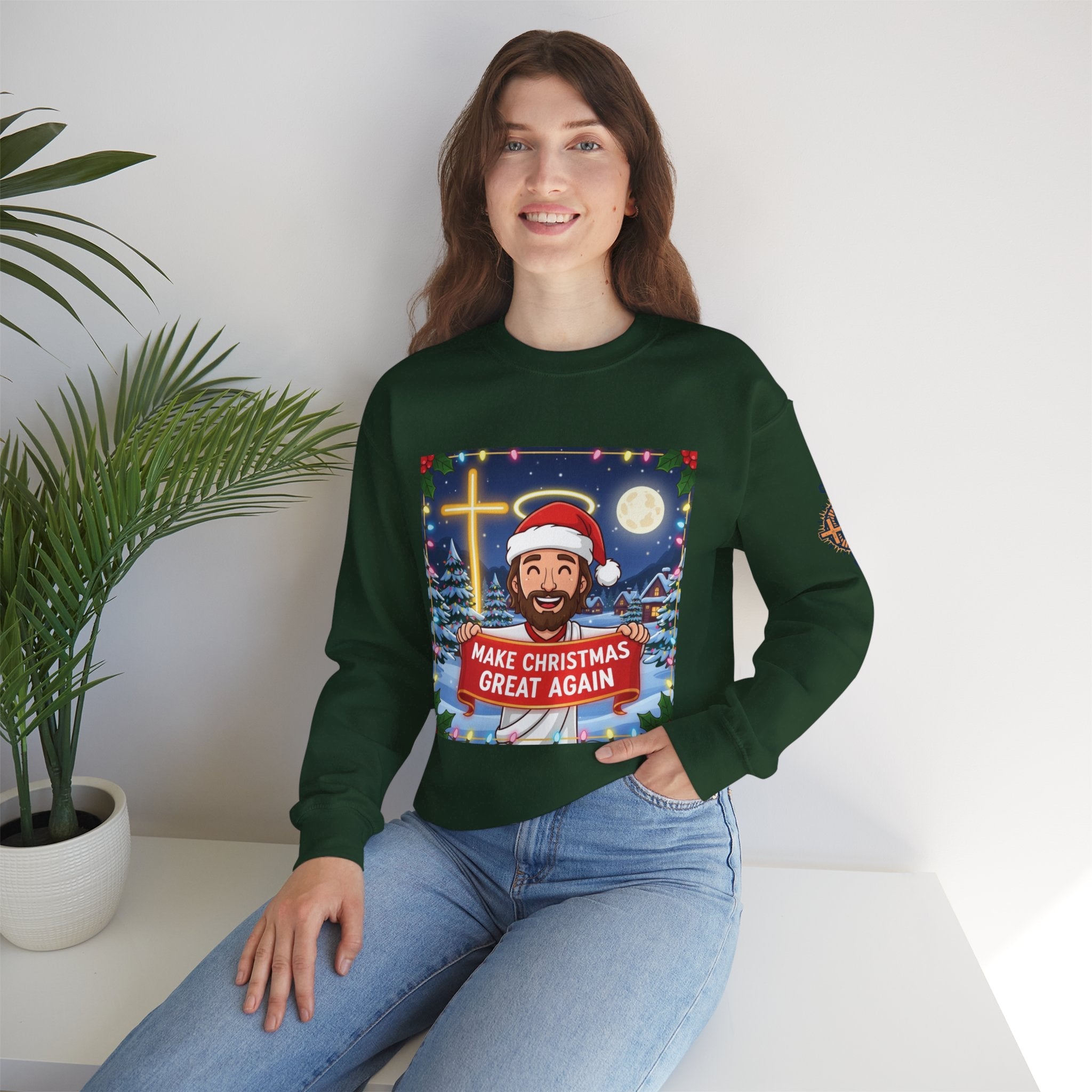 🎄 Make Christmas Great Again – Funny Christian Sweatshirt | Jesus Holding Banner | Faith-Based Holiday Parody Tee | Uplifted Gear Printify