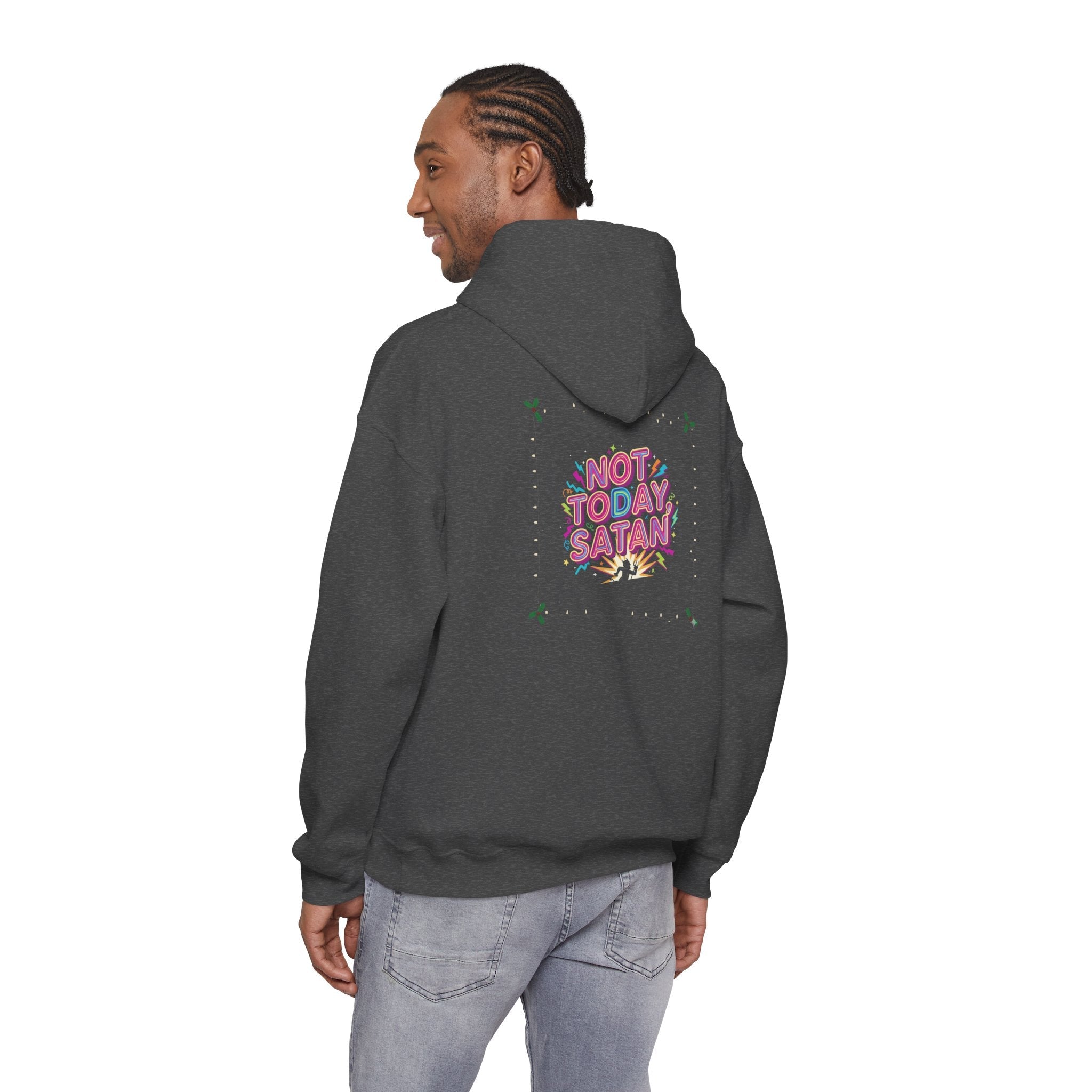 🔥 Not Today, Satan – Retro 90s Christian Hoodie | Neon Faith Tee | Funky Cartoon Devil | Bold Bible Verse Shirt | Uplifted Gear Printify