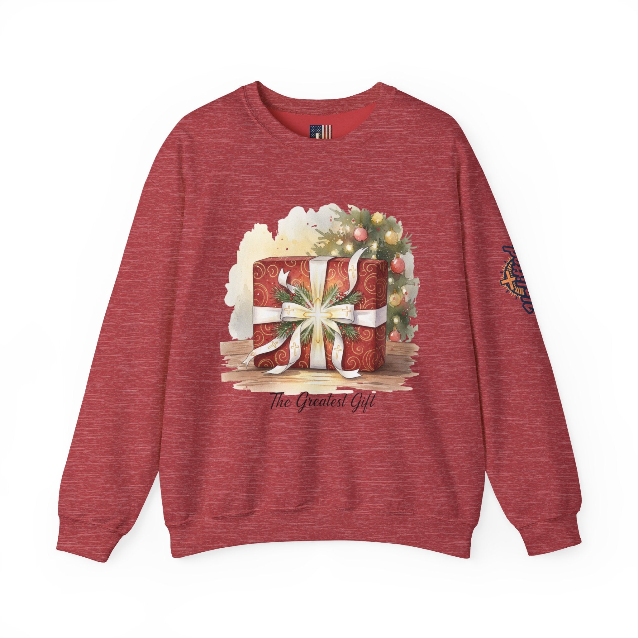The Greatest Gift Sweatshirt – Cross Bow Present Christian Sweatshirt for Christmas Salvation & Eternal Faith Printify
