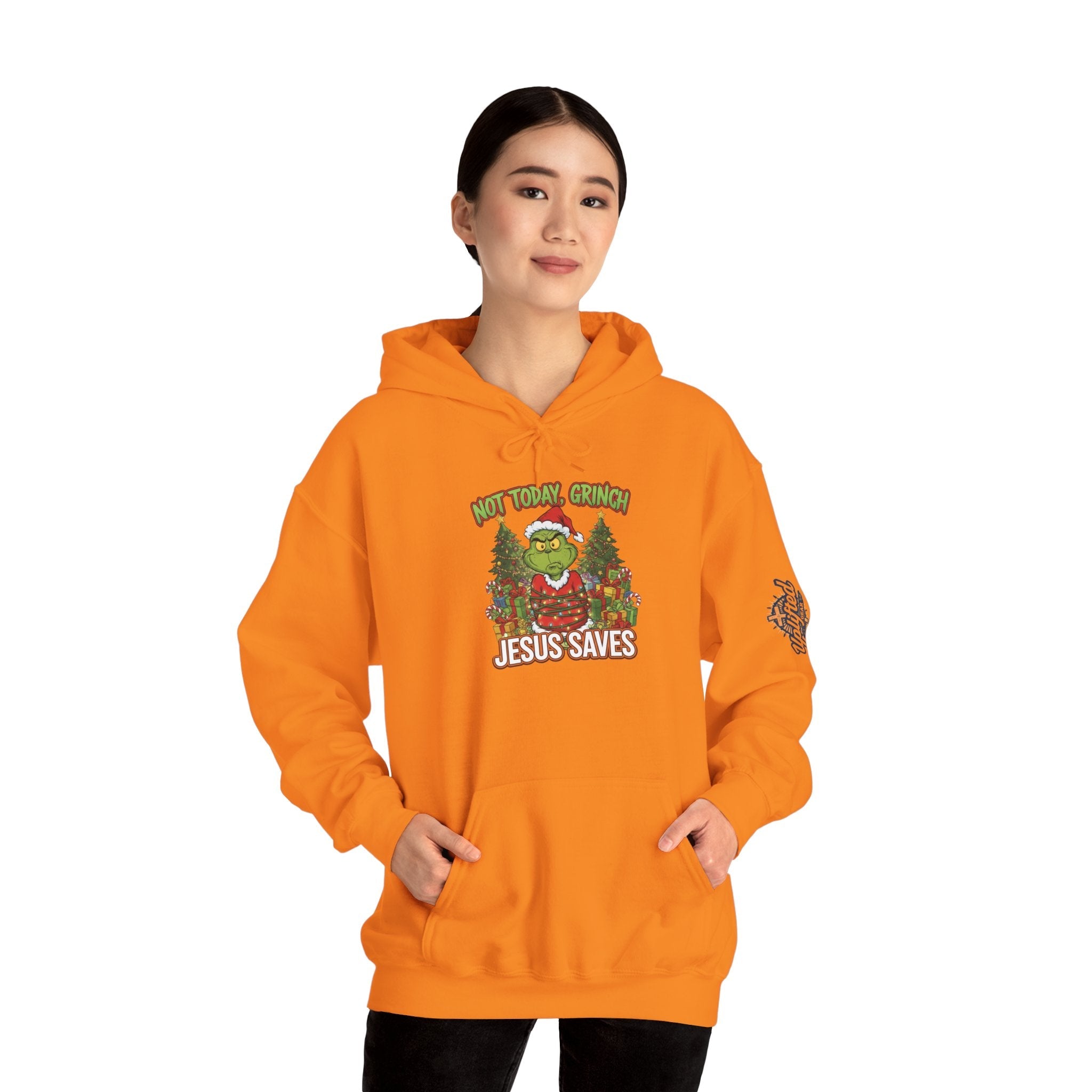 🎄 Not Today, Grinch – Jesus Saves | Funny Christian Christmas Hoodie | Sulking Grinch & Glowing Cross | Bold Neon Faith Tee by Uplifted Gear Printify