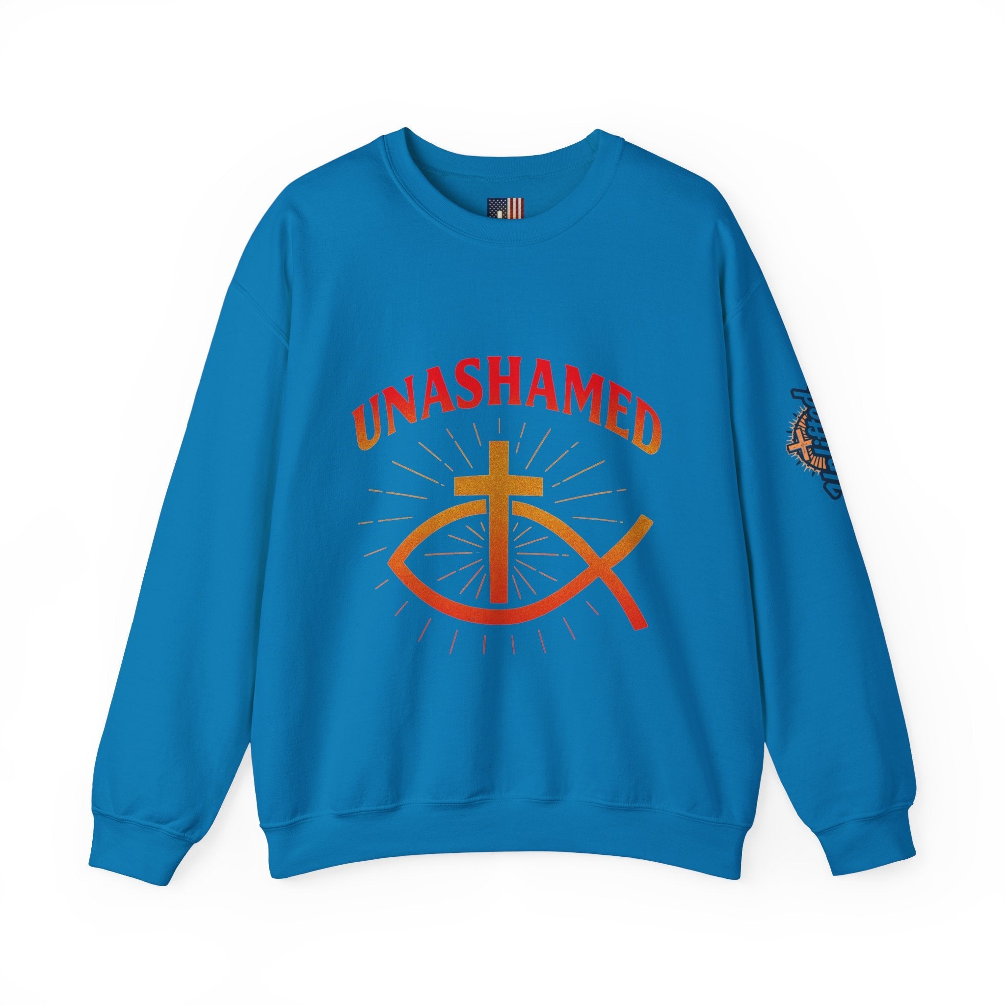 Unashamed Sweatshirt – Ichthys Jesus Fish & Cross Christian Sweatshirt for Romans 1:16 Bold Faith Printify