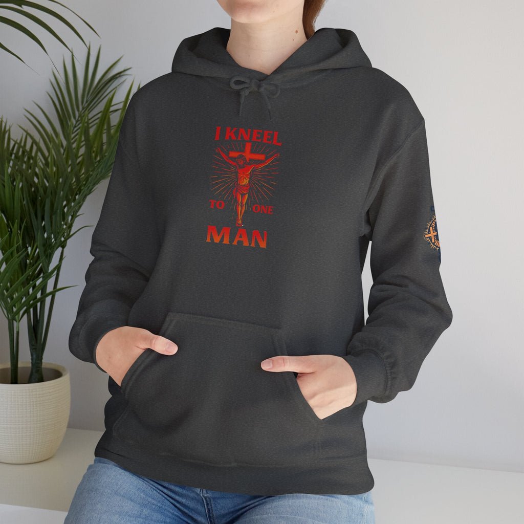I Kneel to One Man Hoodie – Crucifixion Christian Sweatshirt for Unashamed Devotion & Bold Faith Printify