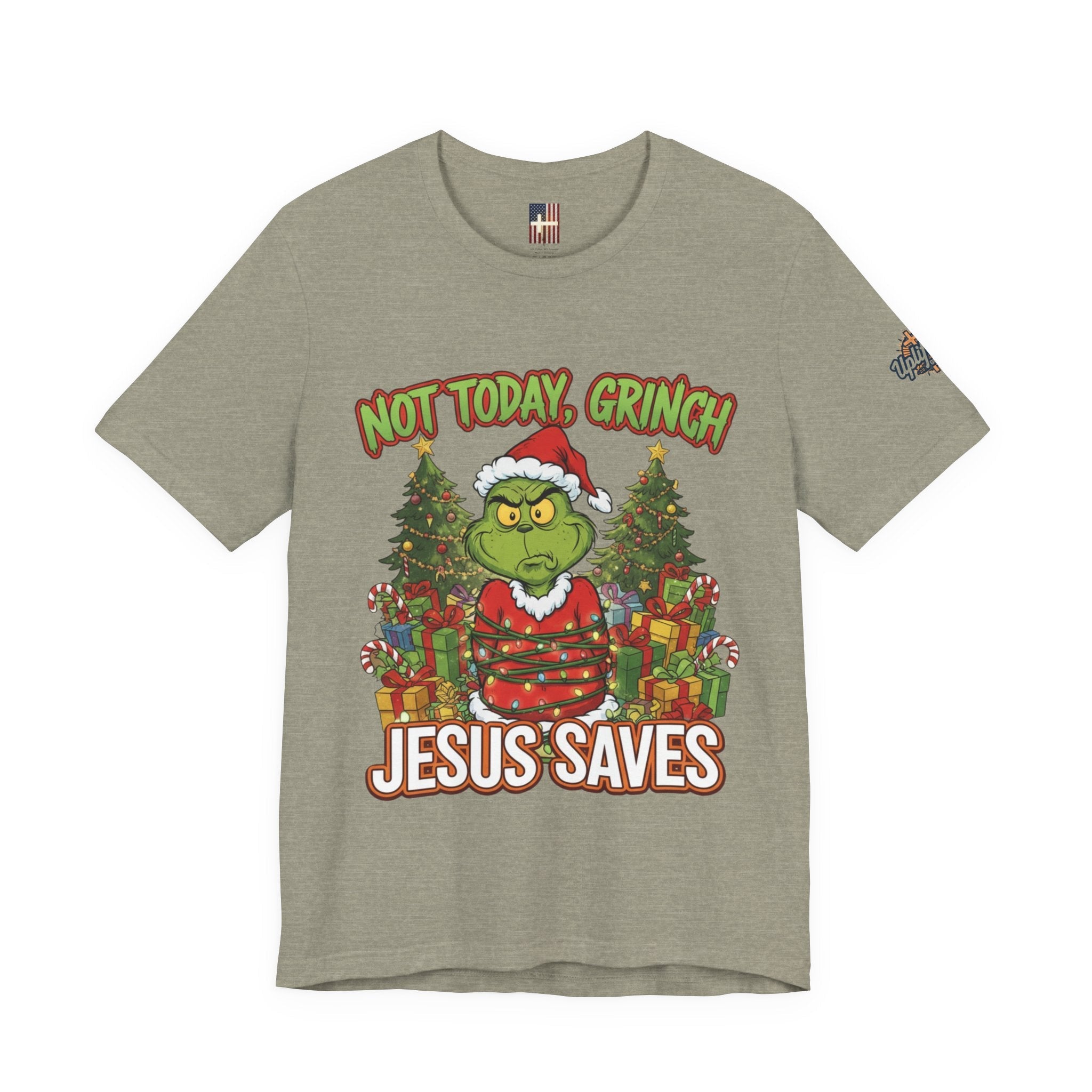 🎄 Not Today, Grinch – Jesus Saves | Funny Christian Christmas T-Shirt | Sulking Grinch & Glowing Cross | Bold Neon Faith Tee by Uplifted Gear Printify