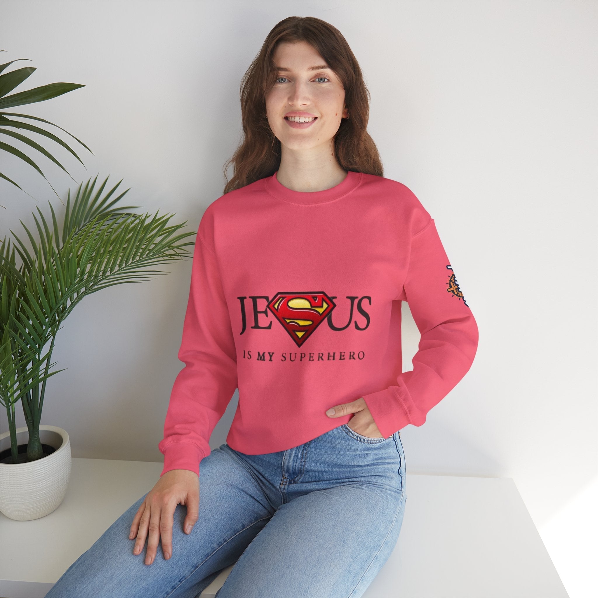 Jesus Is My Superhero Crewneck Sweatshirt Printify