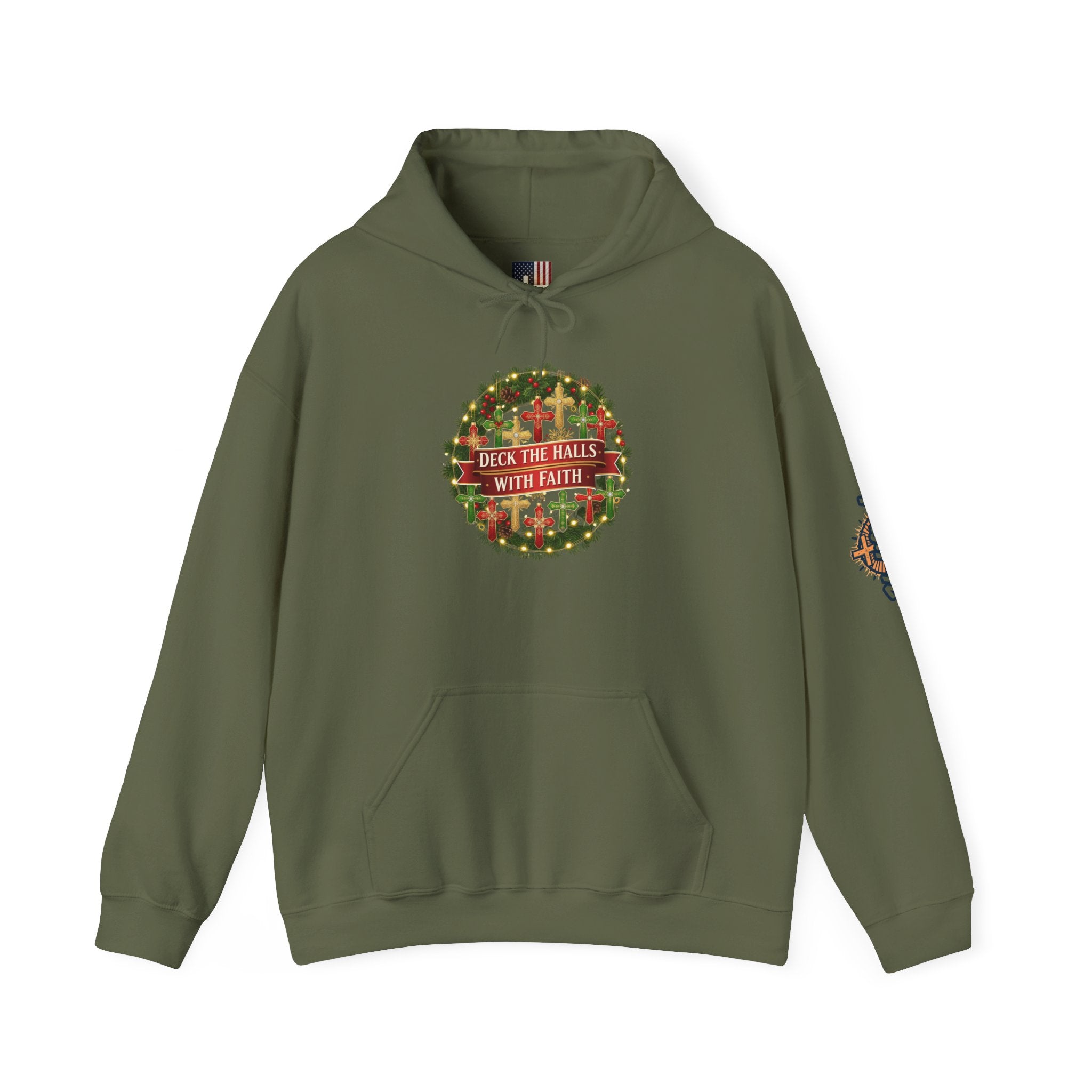 🎄 Deck the Halls with Faith – Christian Christmas Hoodie | Cross Ornament Design & Festive Garland | Bold Holiday Faith Tee by Uplifted Gear Printify