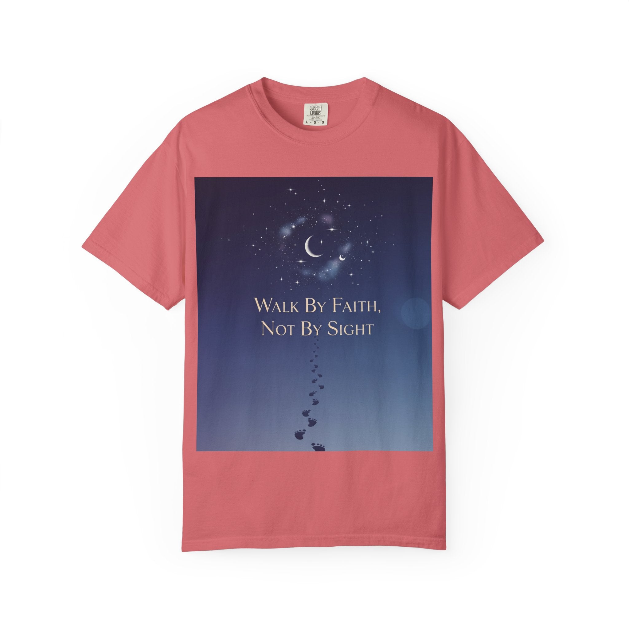 Walk by Faith, Not by Sight T-Shirt – Footprints in the Sand Christian Moonlit Tee Printify