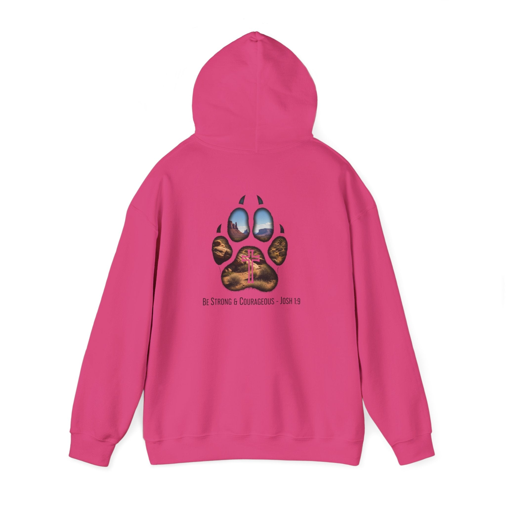 Strong and Courageous Hoodie – Joshua 1:9 Canine Pawprint Desert Christian Hoodie for Dog Lovers Printify