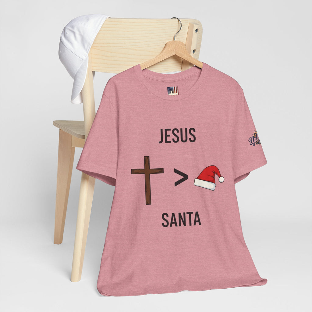 🎄 Jesus > Santa – Minimalist Christian Christmas T-Shirt | Bold Faith Over Holiday Tee | Cross vs Santa Hat Design | Uplifted Gear Printify