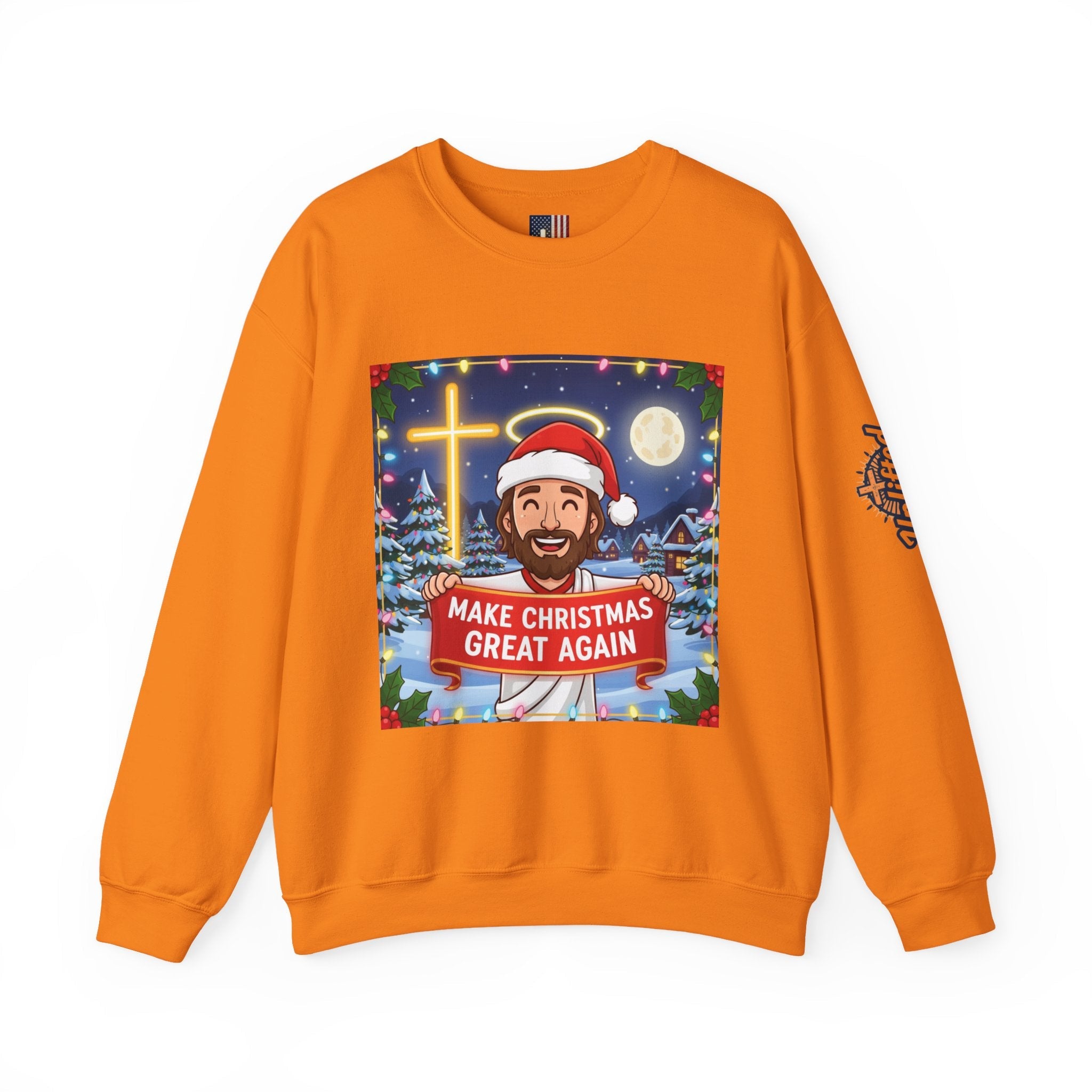 🎄 Make Christmas Great Again – Funny Christian Sweatshirt | Jesus Holding Banner | Faith-Based Holiday Parody Tee | Uplifted Gear Printify