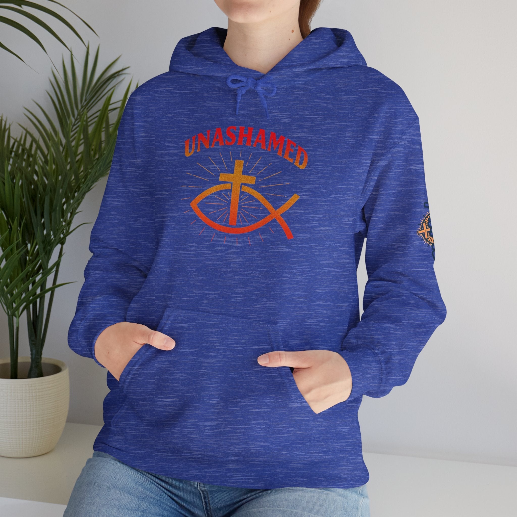 Unashamed Hoodie – Ichthys Jesus Fish & Cross Christian Sweatshirt for Romans 1:16 Bold Faith Printify