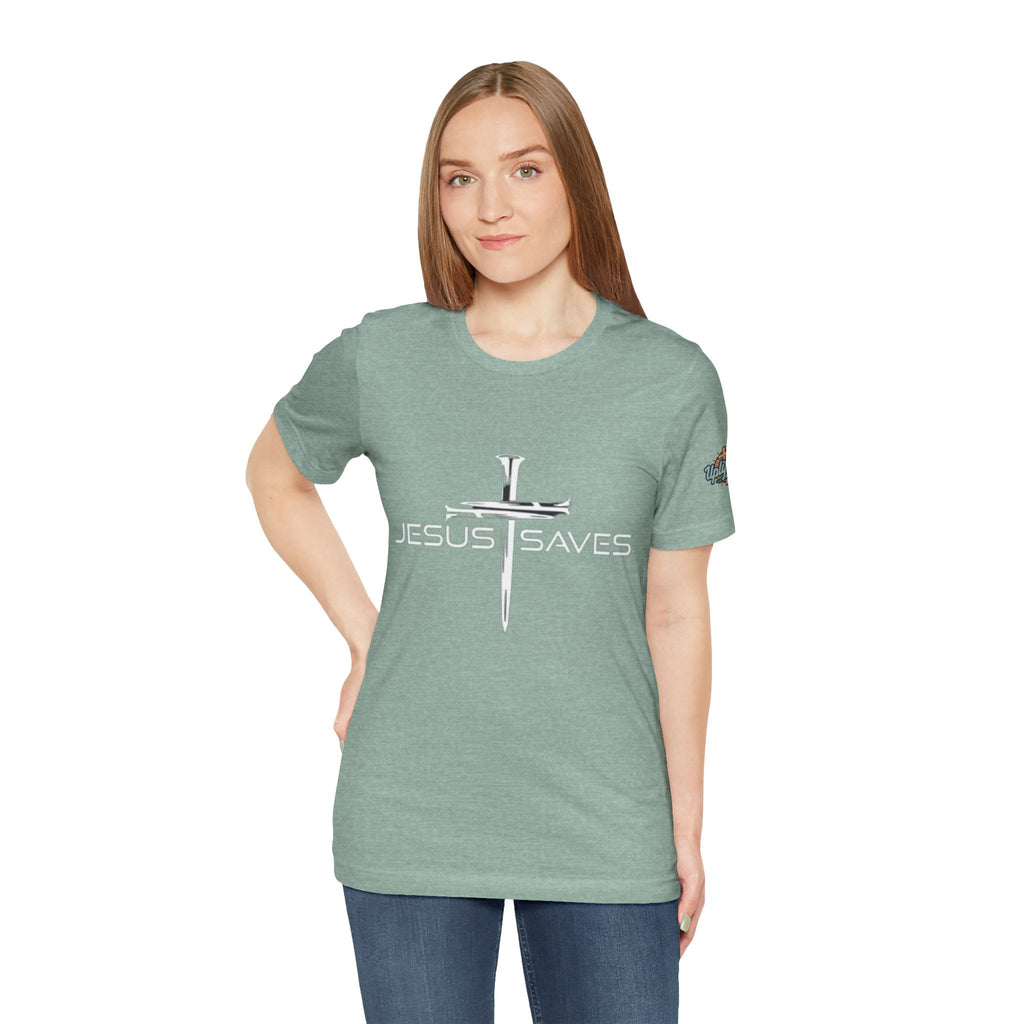 Jesus Saves T-shirt – 3 Nails Crucifix Cross Christian T-shirt for Redemption Faith & Bold Salvation Printify