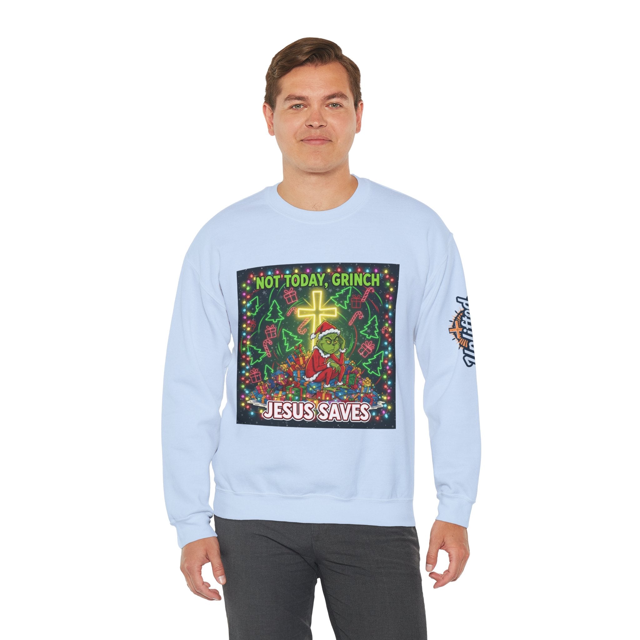 🎄 Not Today, Grinch – Jesus Saves | Funny Christian Christmas Sweatshirt | Festive Green & Red Cartoon Style | Bold Faith Holiday Tee by Uplifted Gear Printify