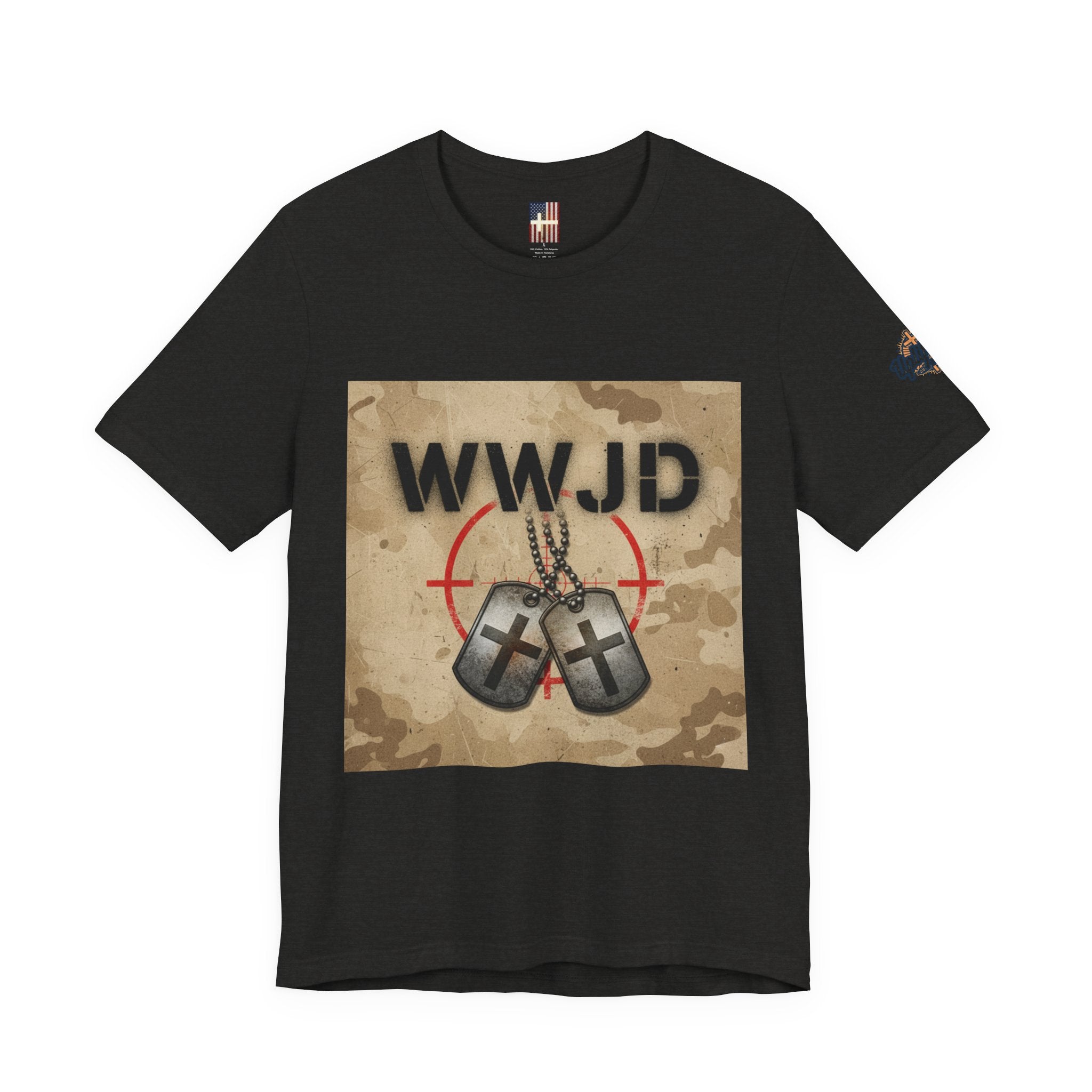 WWJD T-shirt – Military Dog Tags What Would Jesus Do Camo Christian T-shirt for Bold Faith & Streetwear Printify