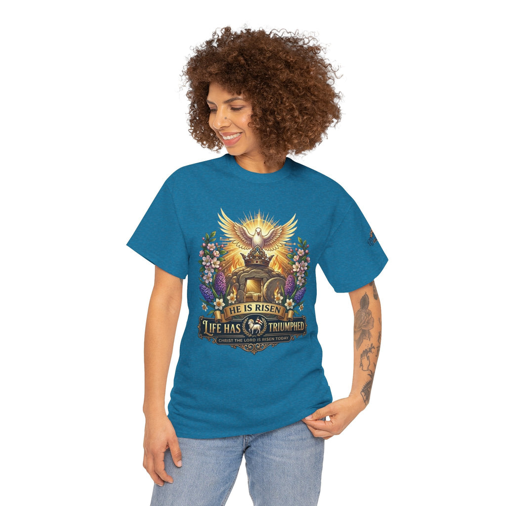He Is Risen "Life Has Triumphed" T-Shirt — Easter Resurrection Christian Tee Printify