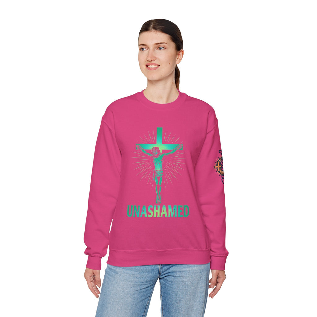Unashamed Sweatshirt – Romans 1:16 Crucifixion Christian Sweatshirt for Bold Unwavering Faith Printify