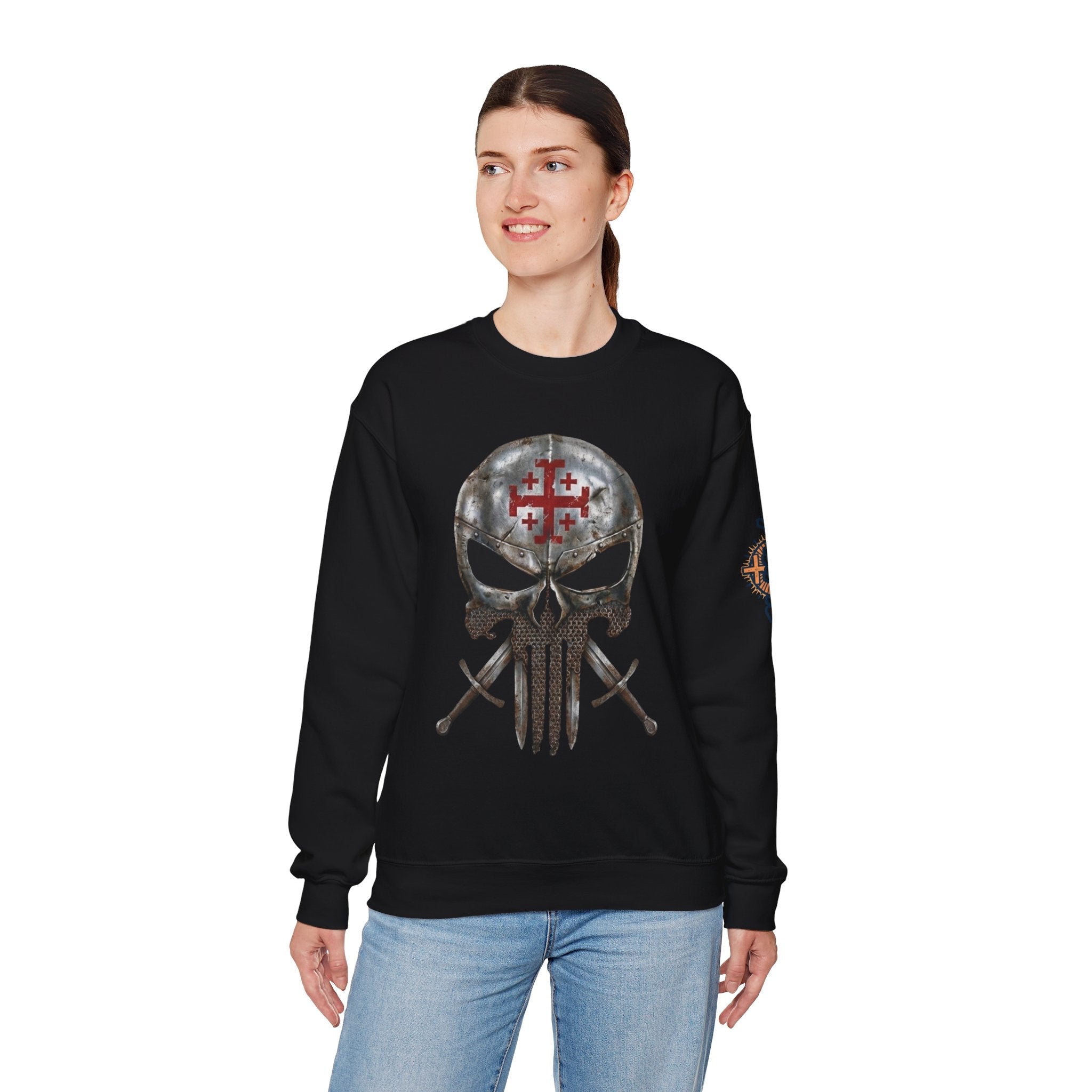 Crusader Knight Christian Skull Sweatshirt - Warrior Armor of God Sweatshirt Printify