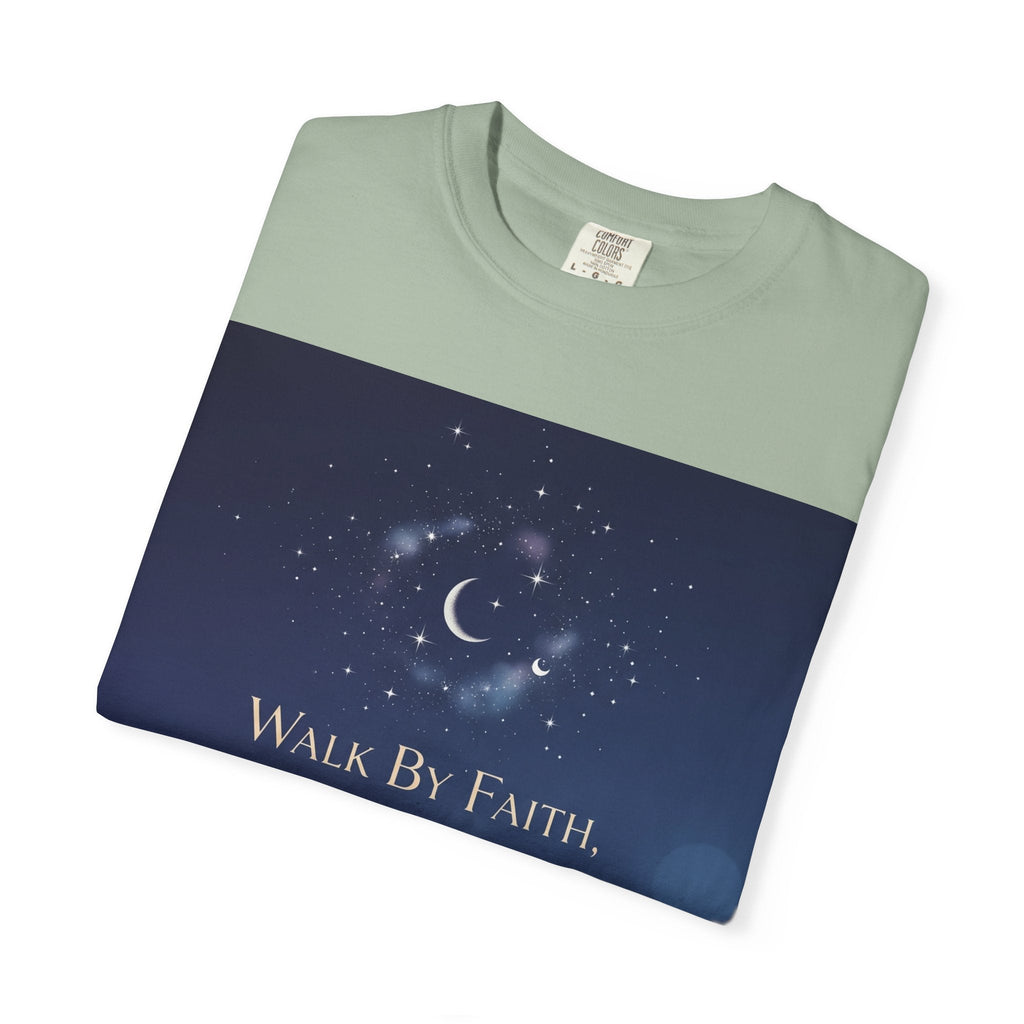 Walk by Faith, Not by Sight T-Shirt – Footprints in the Sand Christian Moonlit Tee Printify