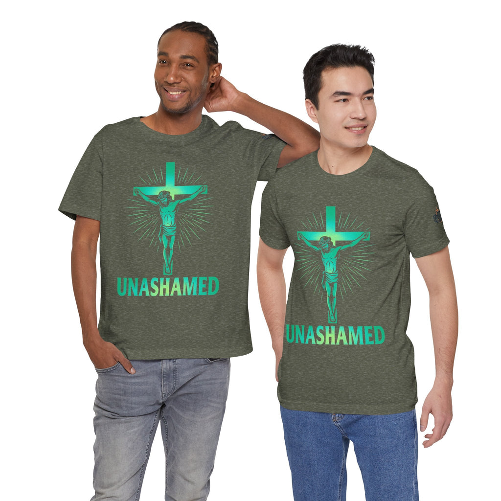 Unashamed T-shirt – Romans 1:16 Crucifixion Christian t-shirt for Bold Unwavering Faith Printify