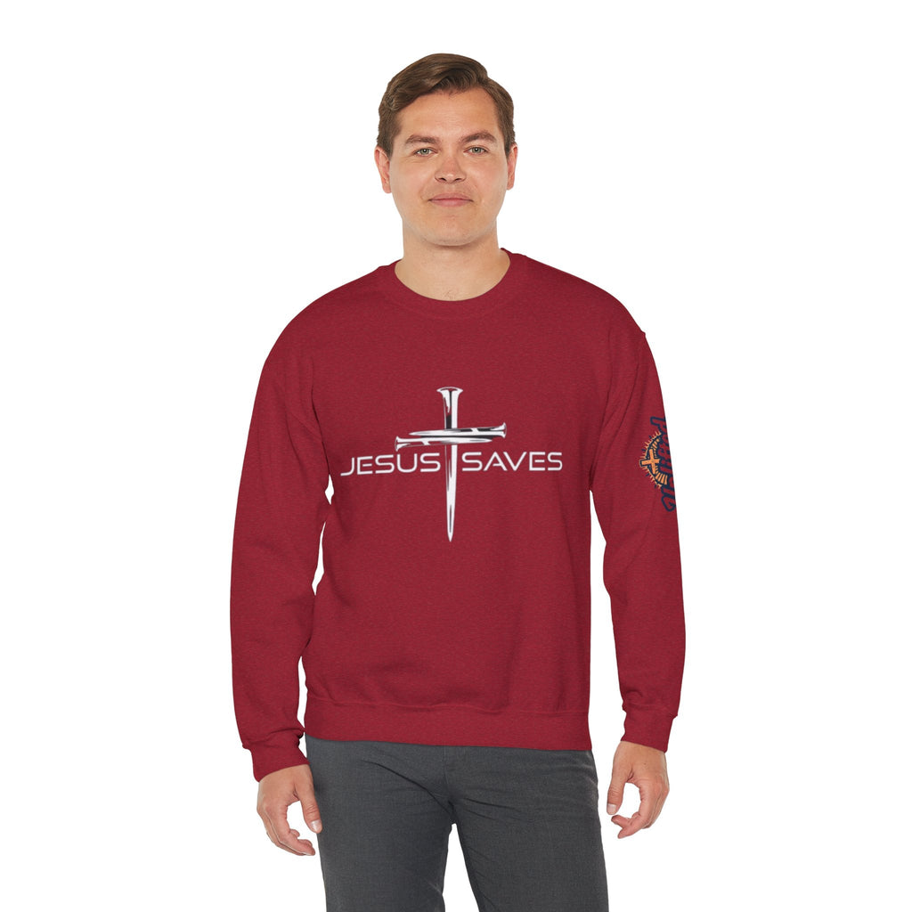 Jesus Saves Sweatshirt – 3 Nails Crucifix Cross Christian Sweatshirt for Redemption Faith & Bold Salvation Printify