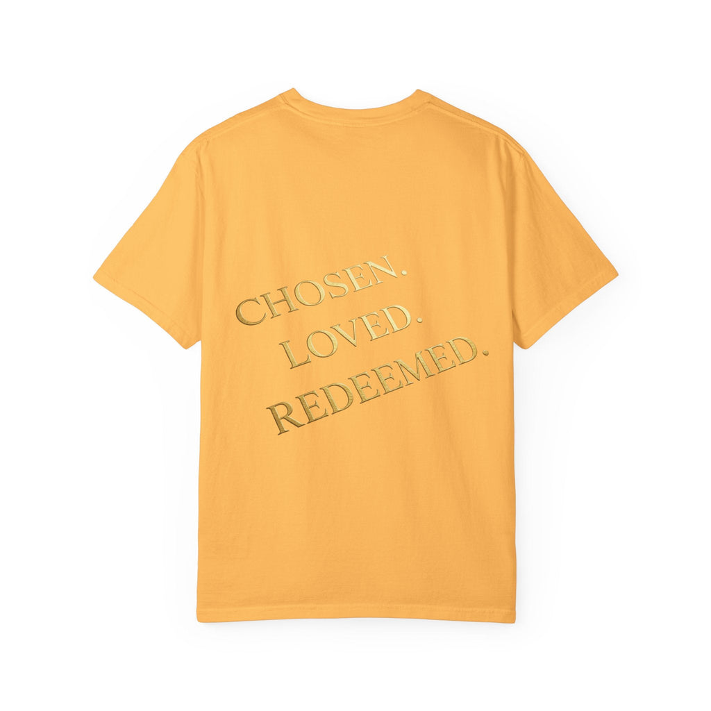✨ Chosen. Loved. Redeemed. – Elegant Christian T-Shirt | Gold Foil Faith Tee | Subtle Cross & Heart Design | Inspirational Bible Verse Apparel by Uplifted Gear Printify