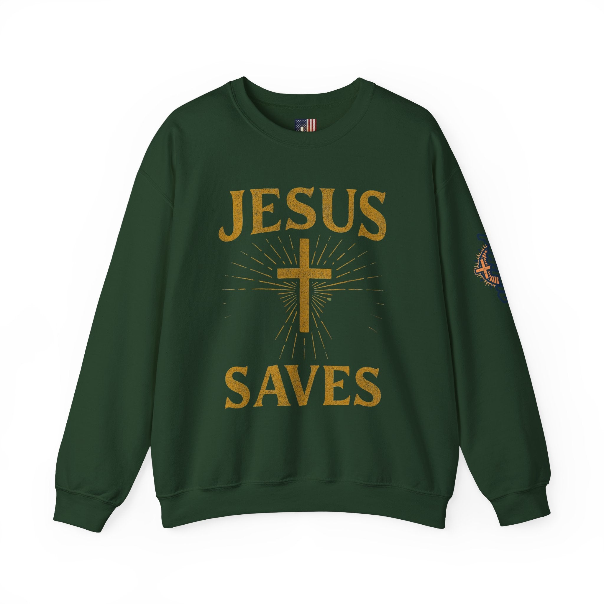 Jesus Saves Sweatshirt – Radiant Cross & Rays of Light Christian Sweatshirt for Eternal Hope & Faith Printify