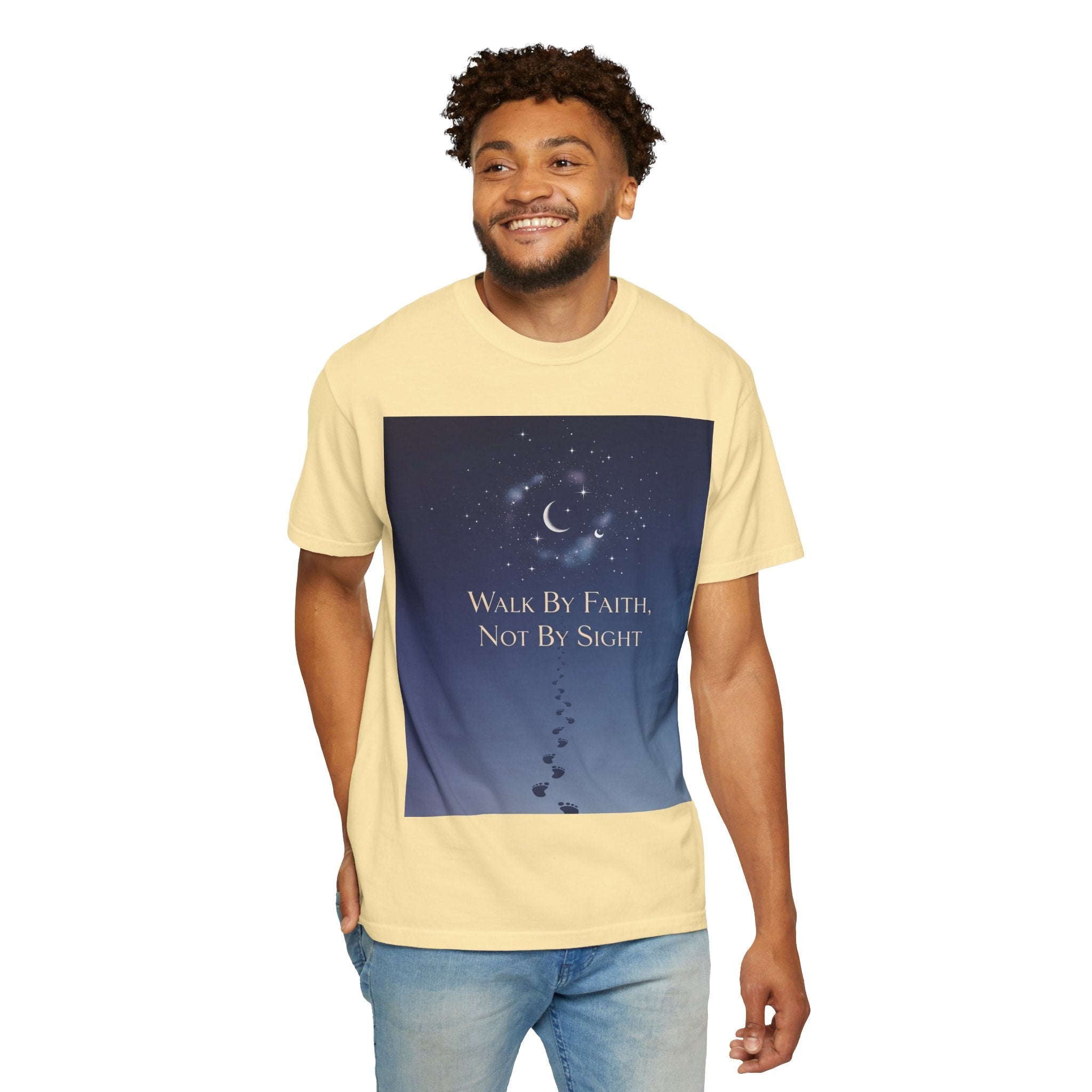 Walk by Faith, Not by Sight T-Shirt – Footprints in the Sand Christian Moonlit Tee Printify