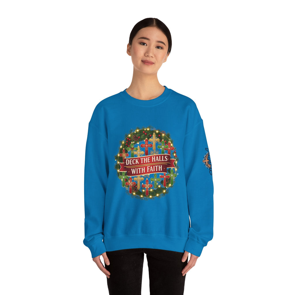 🎄 Deck the Halls with Faith – Christian Christmas Sweatshirt | Cross Ornament Design & Festive Garland | Bold Holiday Faith Tee by Uplifted Gear Printify
