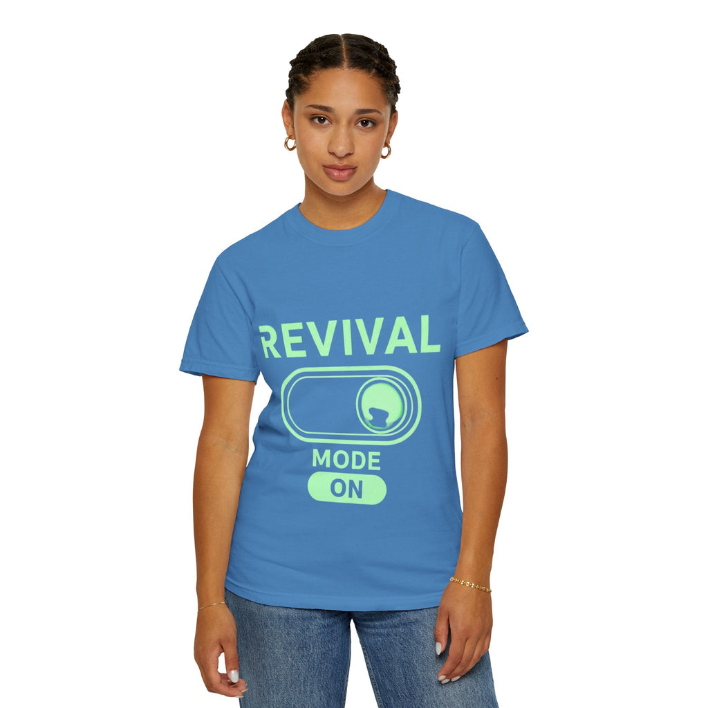 🔥 Revival Mode: ON – Christian Techwear T-Shirt | Glowing Green Faith Switch | Futuristic Jesus Shirt | Activate Your Spiritual Awakening | Uplifted Gear Printify