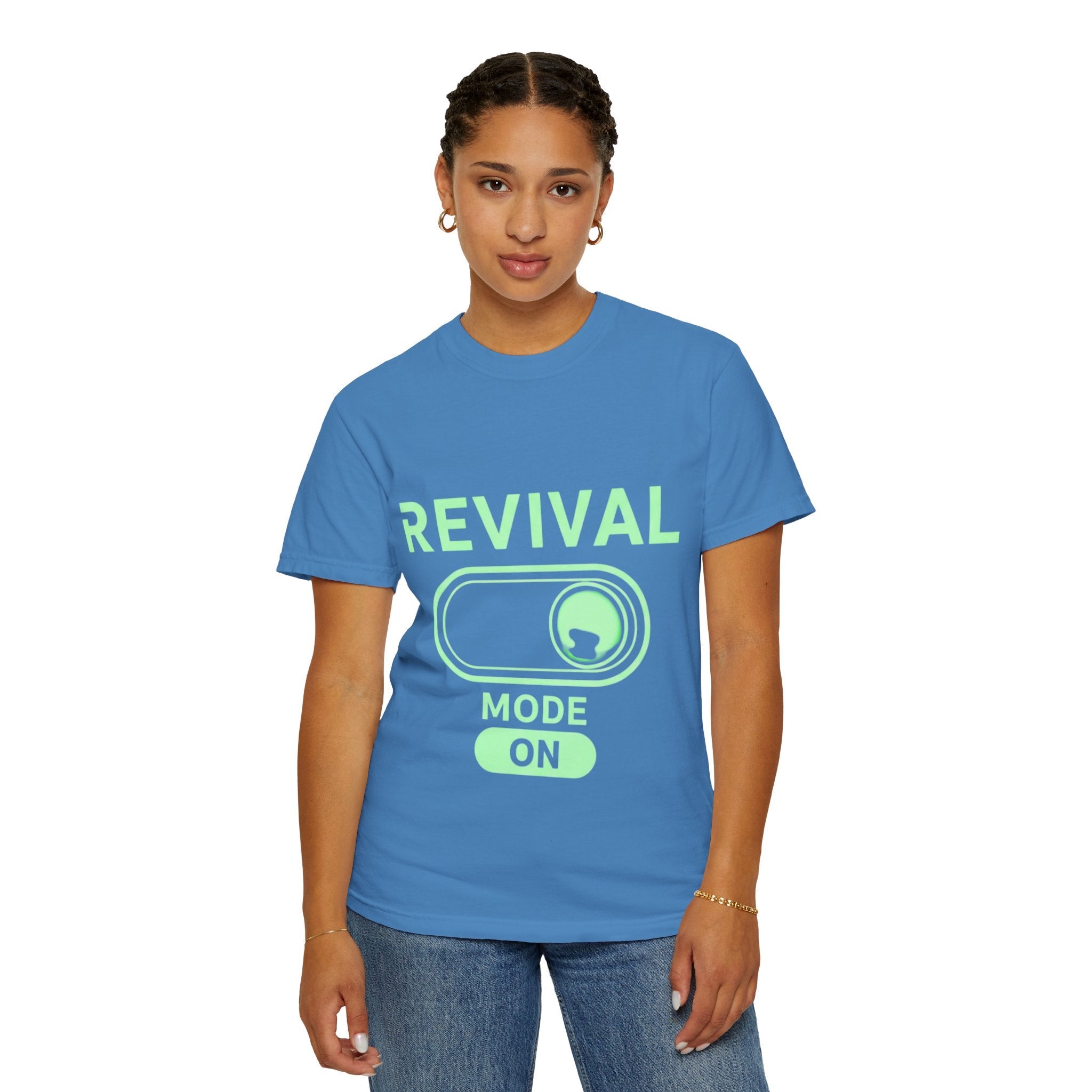 🔥 Revival Mode: ON – Christian Techwear T-Shirt | Glowing Green Faith Switch | Futuristic Jesus Shirt | Activate Your Spiritual Awakening | Uplifted Gear Printify