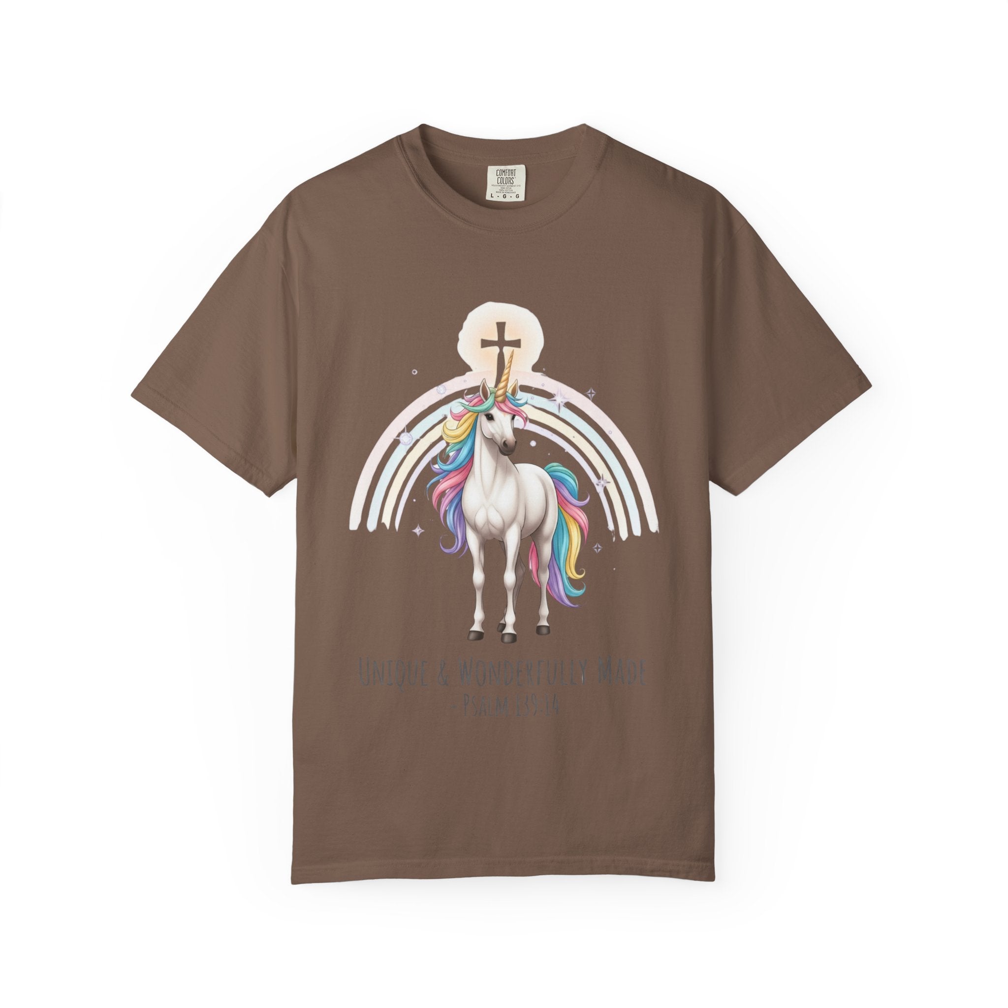Unique Unicorn Christian T-Shirt – Wonderfully Made with Rainbow Cross & Psalm 139:14 Printify