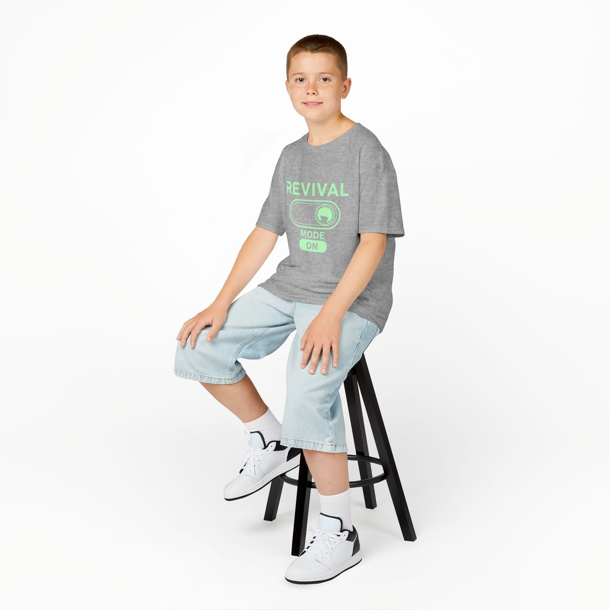 🔥 Revival Mode: ON – Christian Techwear Kids T-Shirt | Glowing Green Faith Switch | Futuristic Jesus Shirt | Activate Your Spiritual Awakening | Uplifted Gear Printify