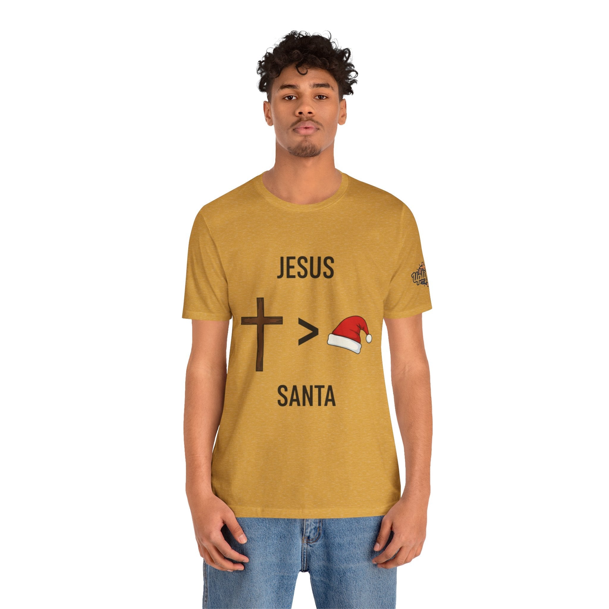 🎄 Jesus > Santa – Minimalist Christian Christmas T-Shirt | Bold Faith Over Holiday Tee | Cross vs Santa Hat Design | Uplifted Gear Printify
