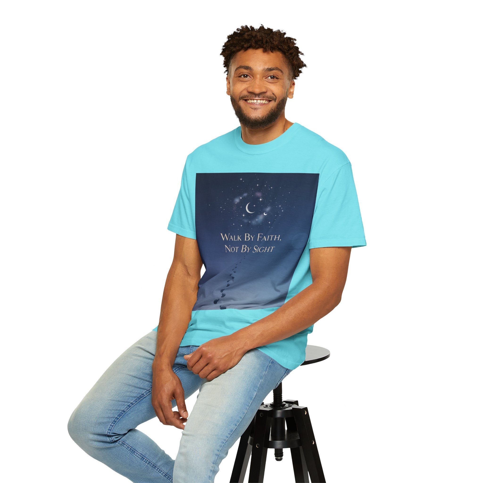 Walk by Faith, Not by Sight T-Shirt – Footprints in the Sand Christian Moonlit Tee Printify