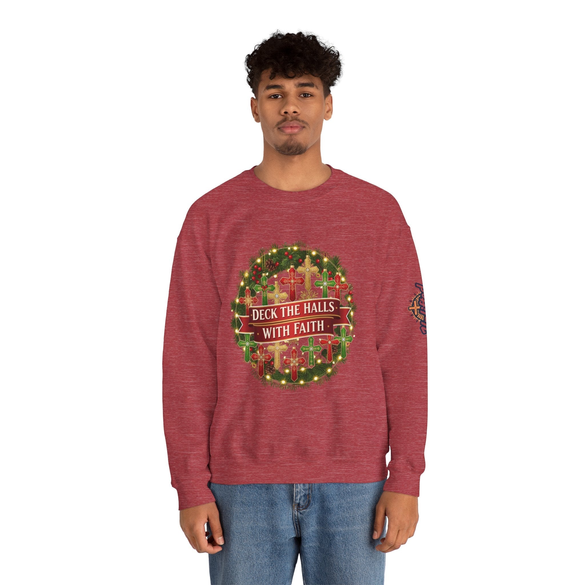 🎄 Deck the Halls with Faith – Christian Christmas Sweatshirt | Cross Ornament Design & Festive Garland | Bold Holiday Faith Tee by Uplifted Gear Printify