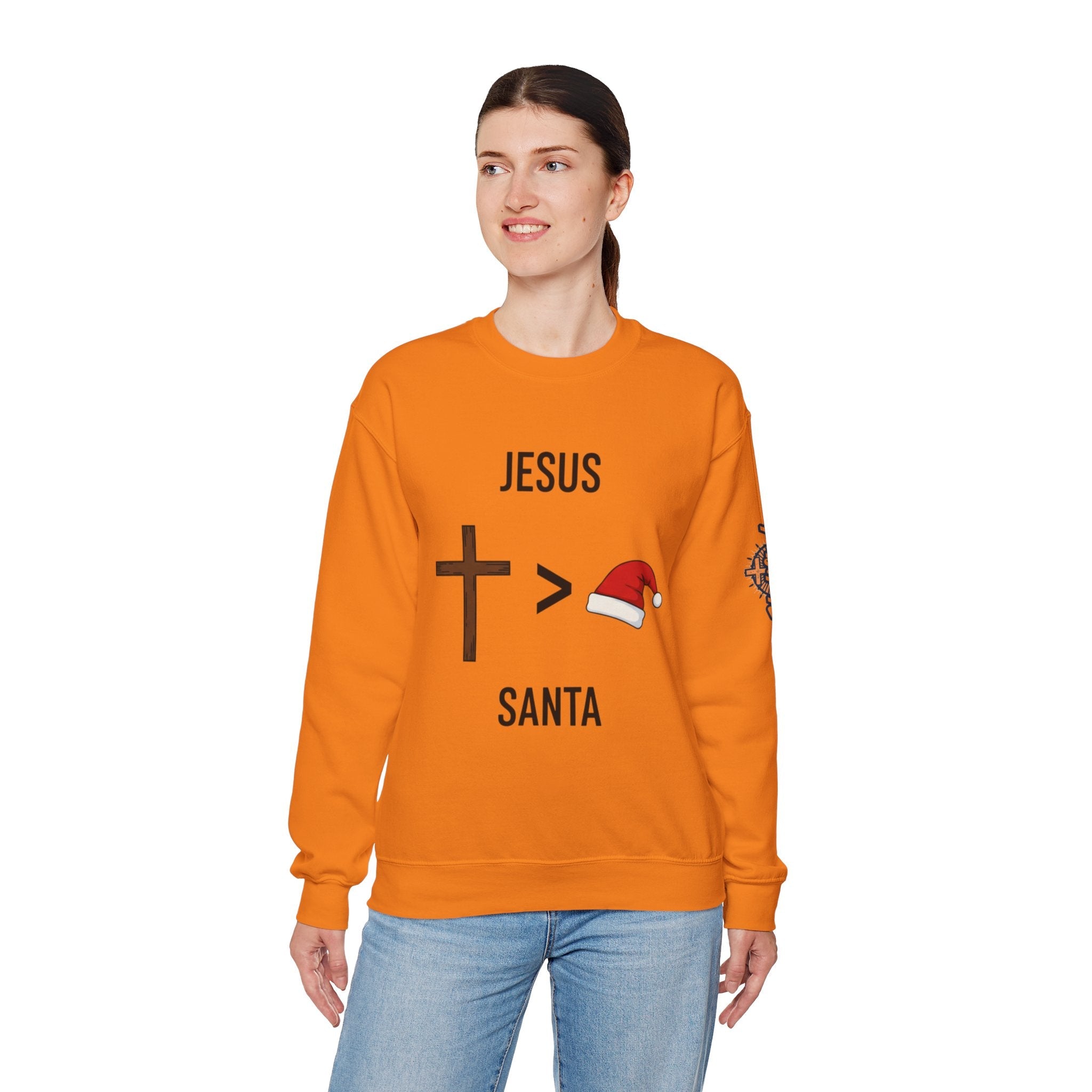 🎄 Jesus > Santa – Minimalist Christian Christmas Sweatshirt | Bold Faith Over Holiday Tee | Cross vs Santa Hat Design | Uplifted Gear Printify