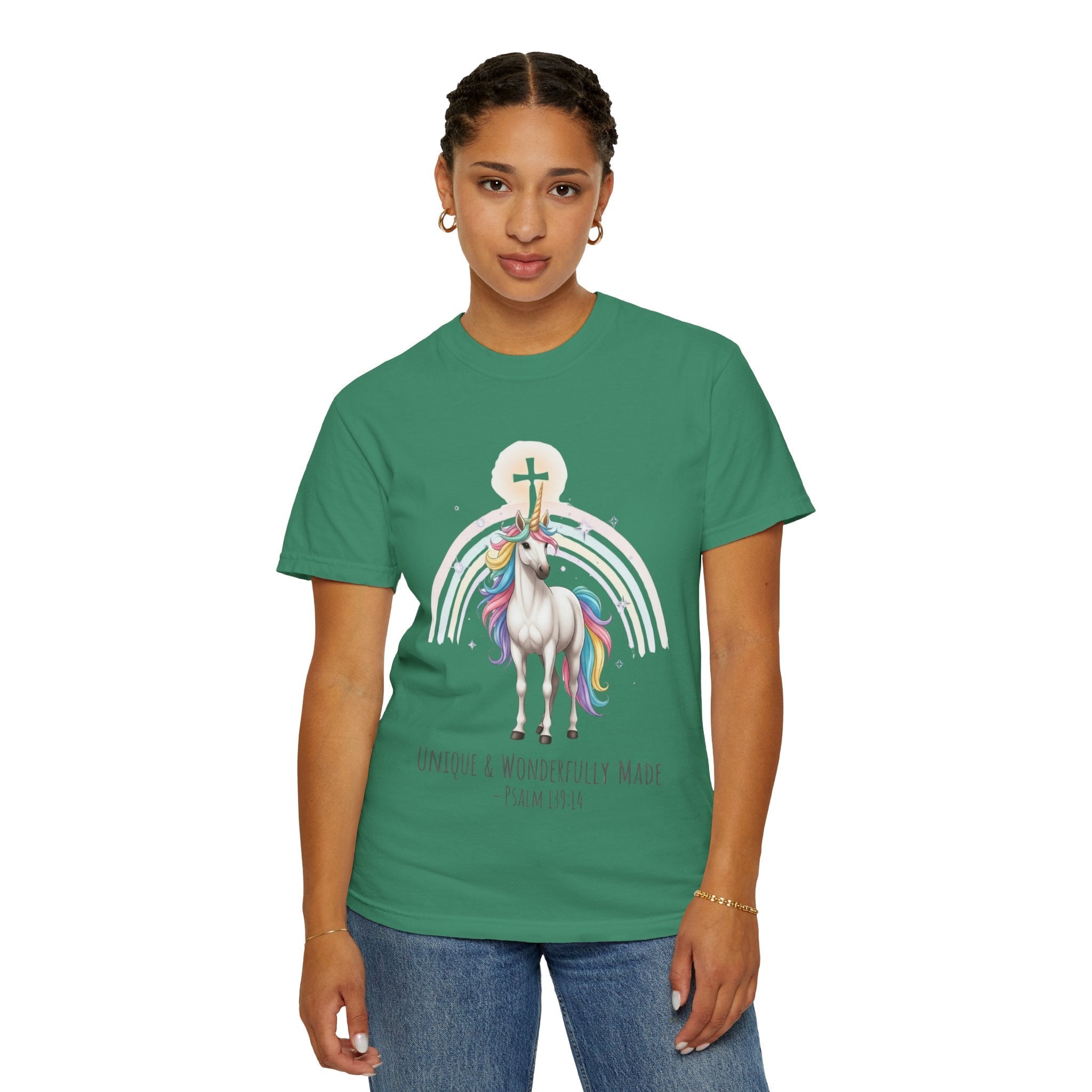 Unique Unicorn Christian T-Shirt – Wonderfully Made with Rainbow Cross & Psalm 139:14 Printify