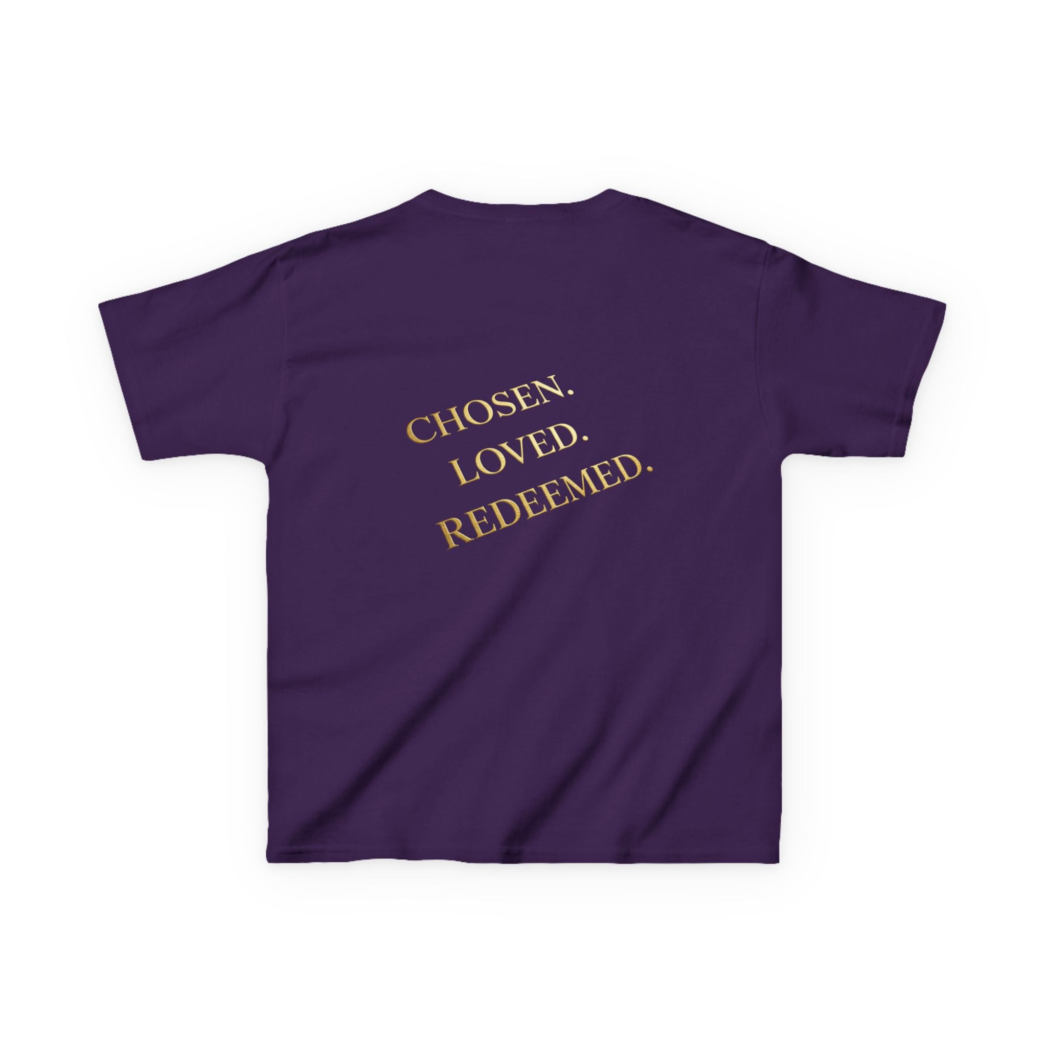 ✨ Chosen. Loved. Redeemed. – Elegant Christian Kids T-Shirt | Gold Foil Faith Tee | Subtle Cross & Heart Design | Inspirational Bible Verse Apparel by Uplifted Gear Printify