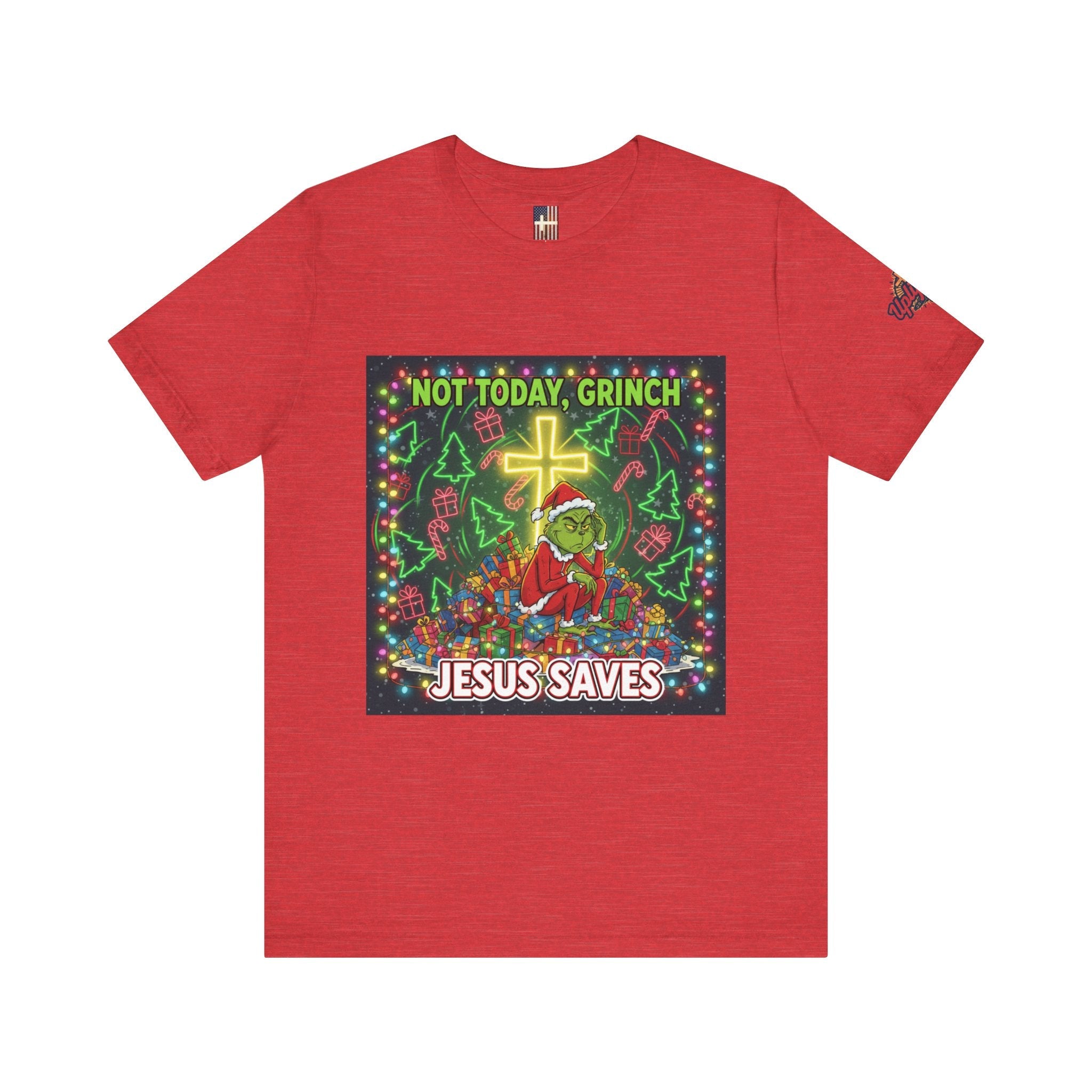 🎄 Not Today, Grinch – Jesus Saves | Funny Christian Christmas T-Shirt | Festive Green & Red Cartoon Style | Bold Faith Holiday Tee by Uplifted Gear Printify